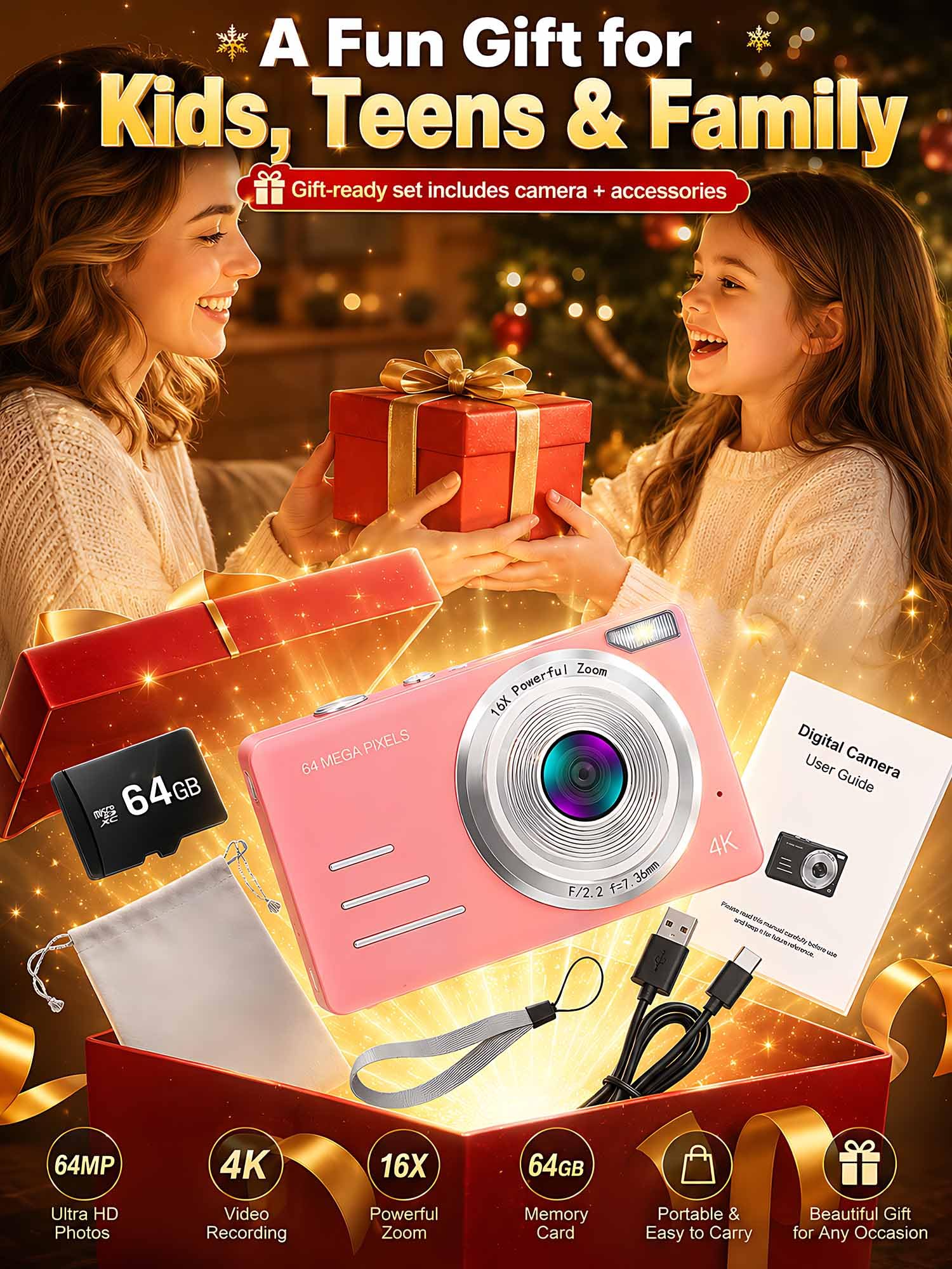 Fotocamera digitale 4K da 64 MP, fotocamera compatta rosa con zoom digitale 18x, schermo LCD da 2,8", scheda microSD integrata da 64 GB e batteria ricaricabile da 1500 mAh, fotocamera per