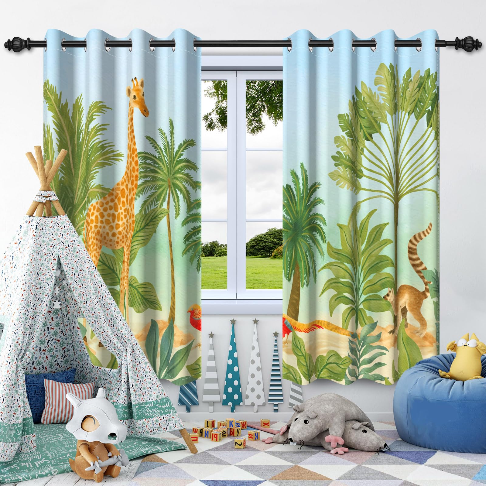 DASHAN Wild Animals Blackout Curtains for Kids Children Bedroom 63 inch Long 2 Panels Giraffe Jungle Forest Art Printed Window Curtains for Nursery Living Room Window Drapes 42Wx63L