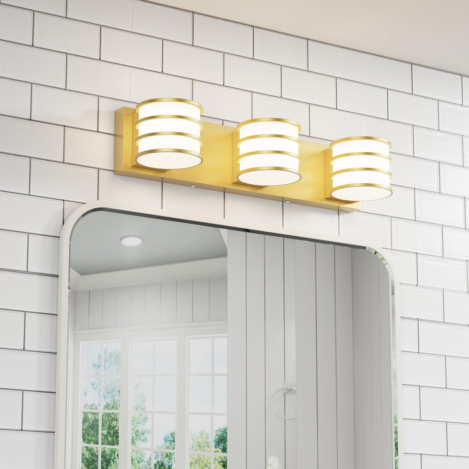 LED Bathroom Vanity Light - 20.5 Inch Gold 3-Light Fixture with White Acrylic Shades, 6000K Cool White, Mirror Lighting for Bathroom, Bedroom, Hallway, Living Room Wall Sconce