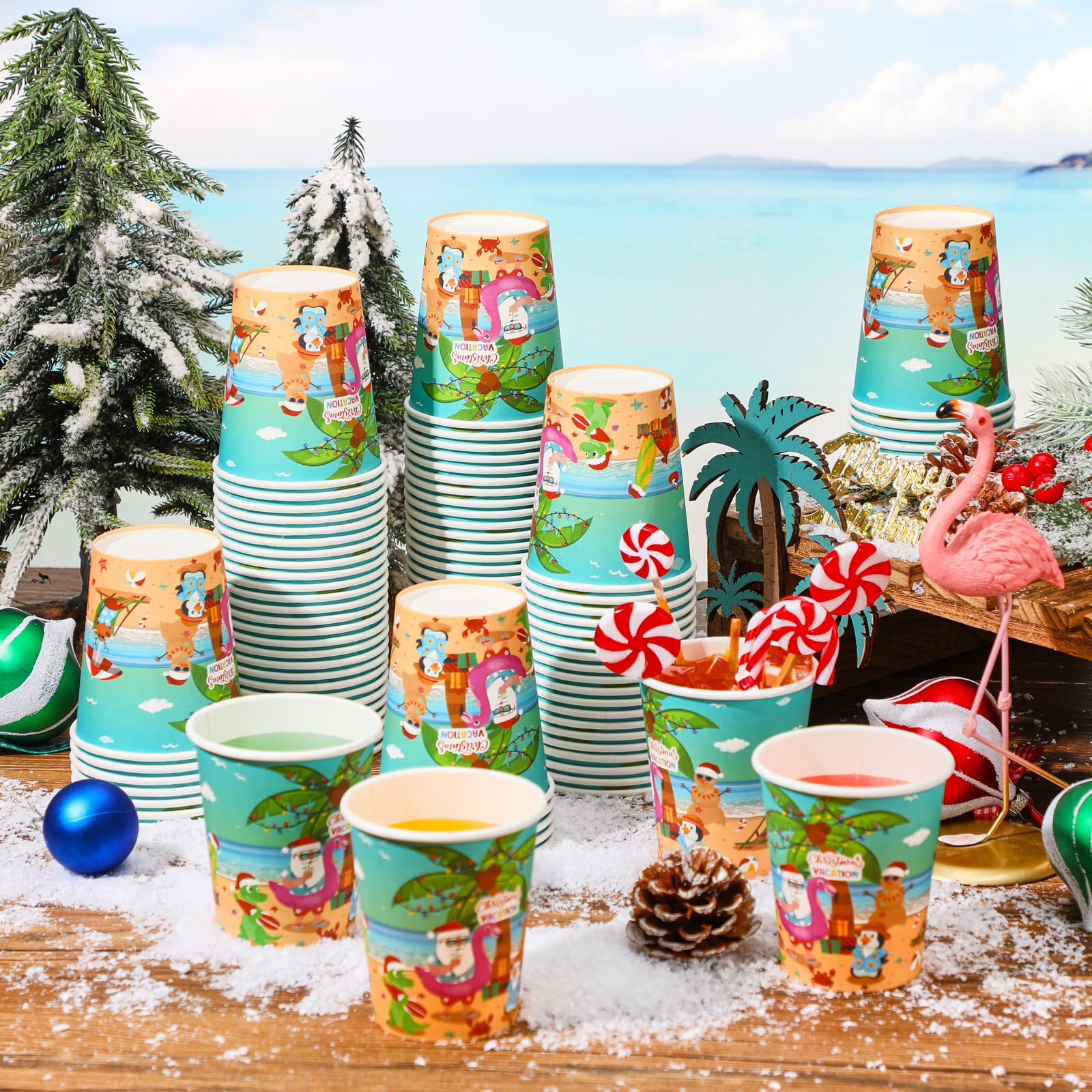 Jingmore 100 Pcs Christmas Paper Cups Disposable 8 oz Tropical Stand Cups Hawaii Party Supplies for Picnics Barbecues Traveling Hot Cold Beverage