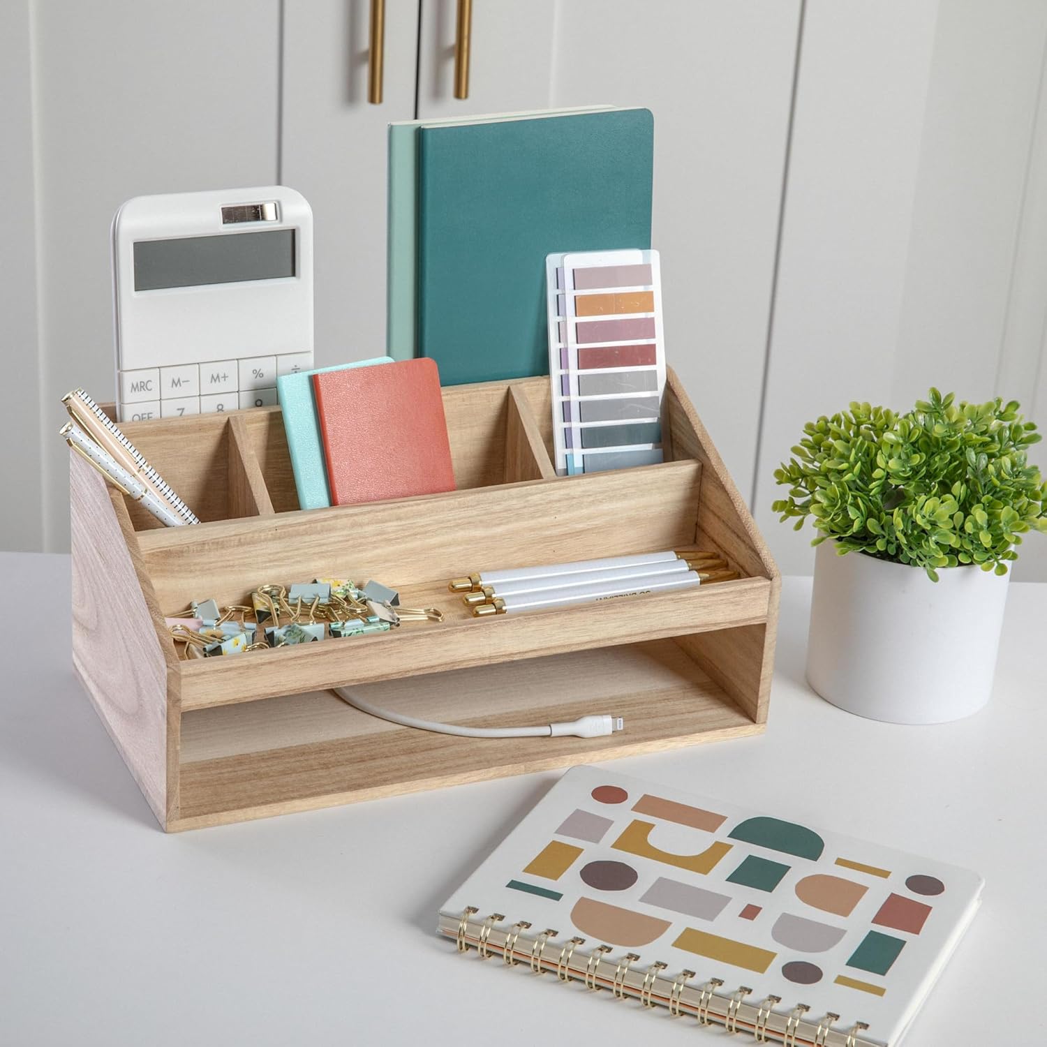 martha stewart weston wooden desktop organizer with open lower storage compartment, paulownia wood multipurpose storage caddy, light natural