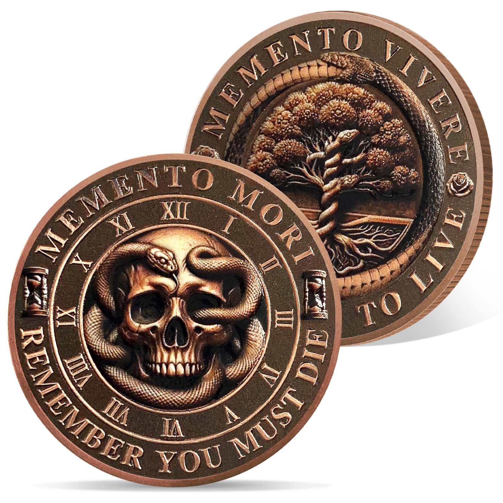 AtSKnSK Memento Mori Moneda Memento Vivere Monedas Árbol de la Vida Moneda Calavera Desafío Moneda Medallón Chip Regalo Estoico Memento Moneda Memento Vivera Moneda Moneda Moneda Calavera