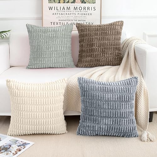 Miniatura 5 de Softalker Juego de 4 fundas de almohada de pana suave a rayas bohemias de 18 x 18 pulgadas, fundas decorativas modernas para sofá, dormitorio y sala