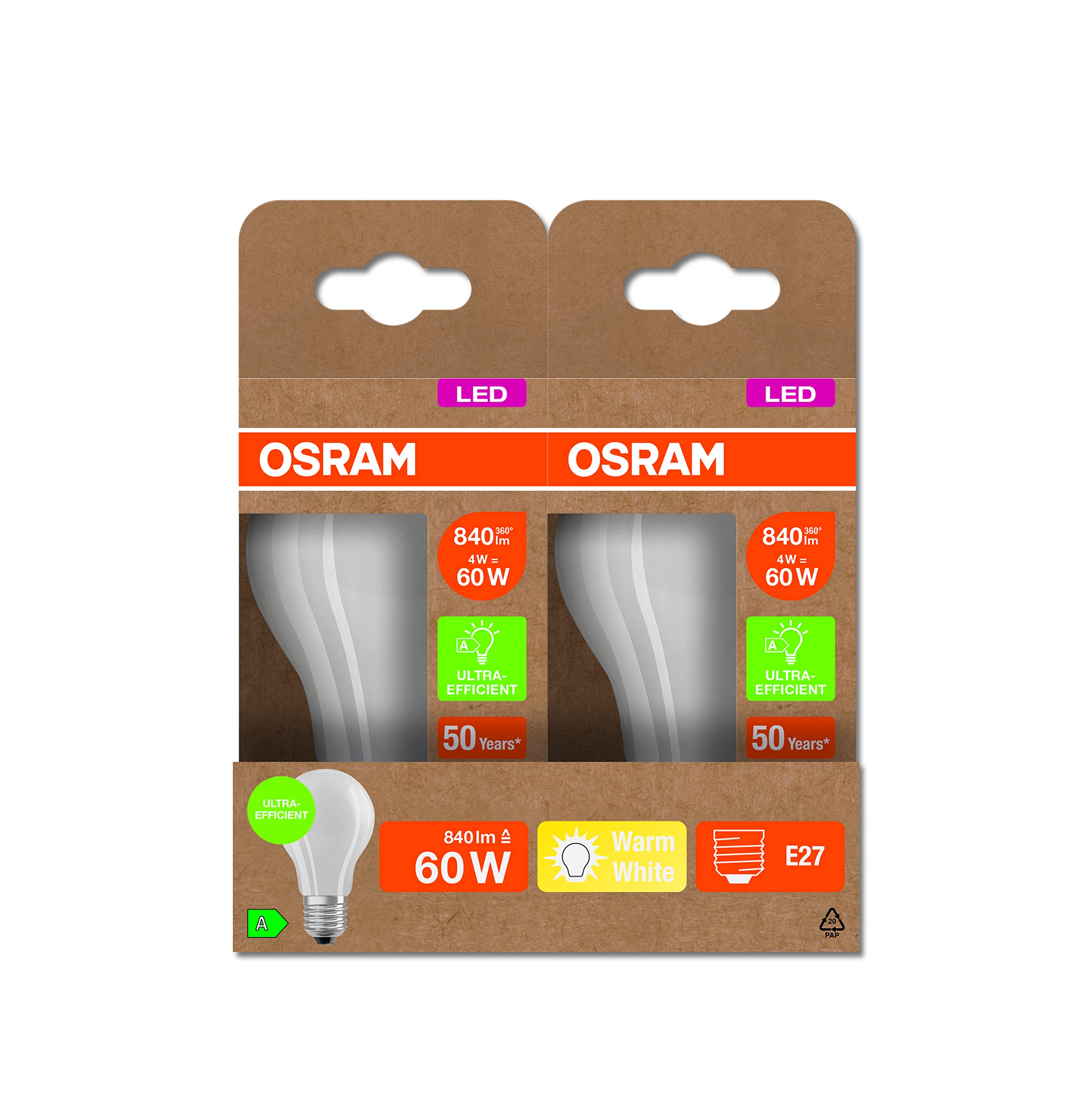 OSRAM Lampa LED Energooszczędna, Bańka ze Szkła Matowego, E27, Ciepła Biel 3000K, 4 W, Zastępuje Żarówkę 60W, Energooszczędna, 6 szt