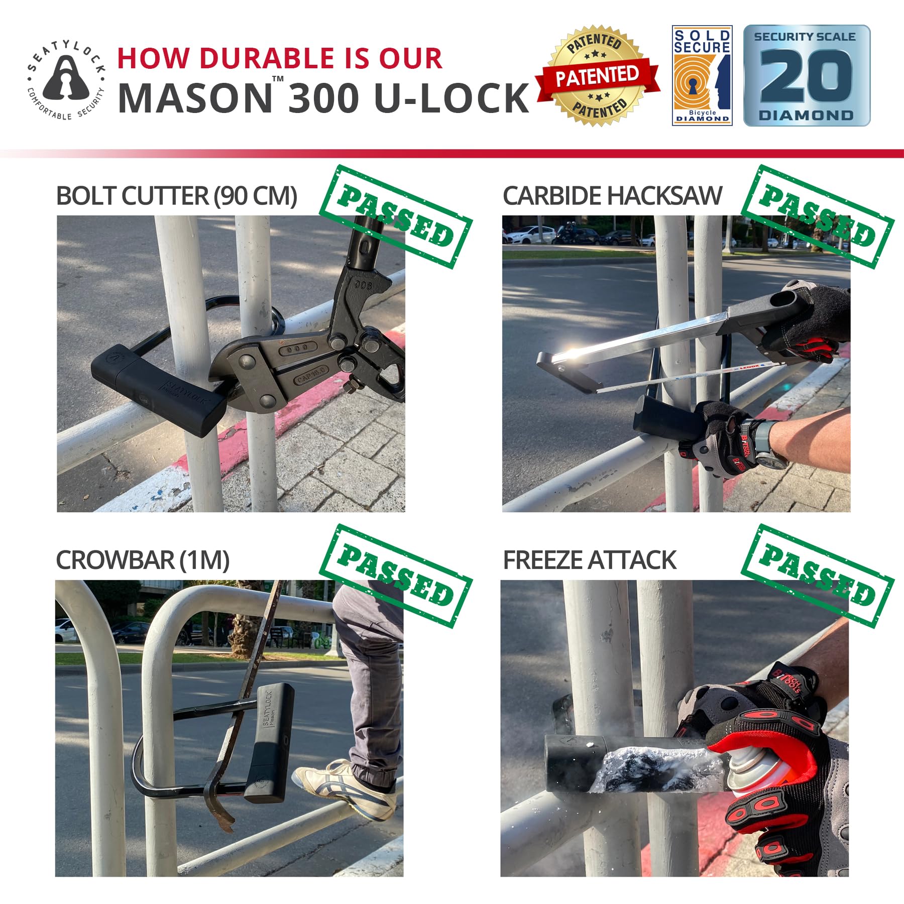 SeatyLock Mason Bike U Lock – Lucchetto antifurto per bicicletta brevettato – Super Wide Safety Master Tool ULock con chiavi per bici elettriche, scooter e moto (30 cm)