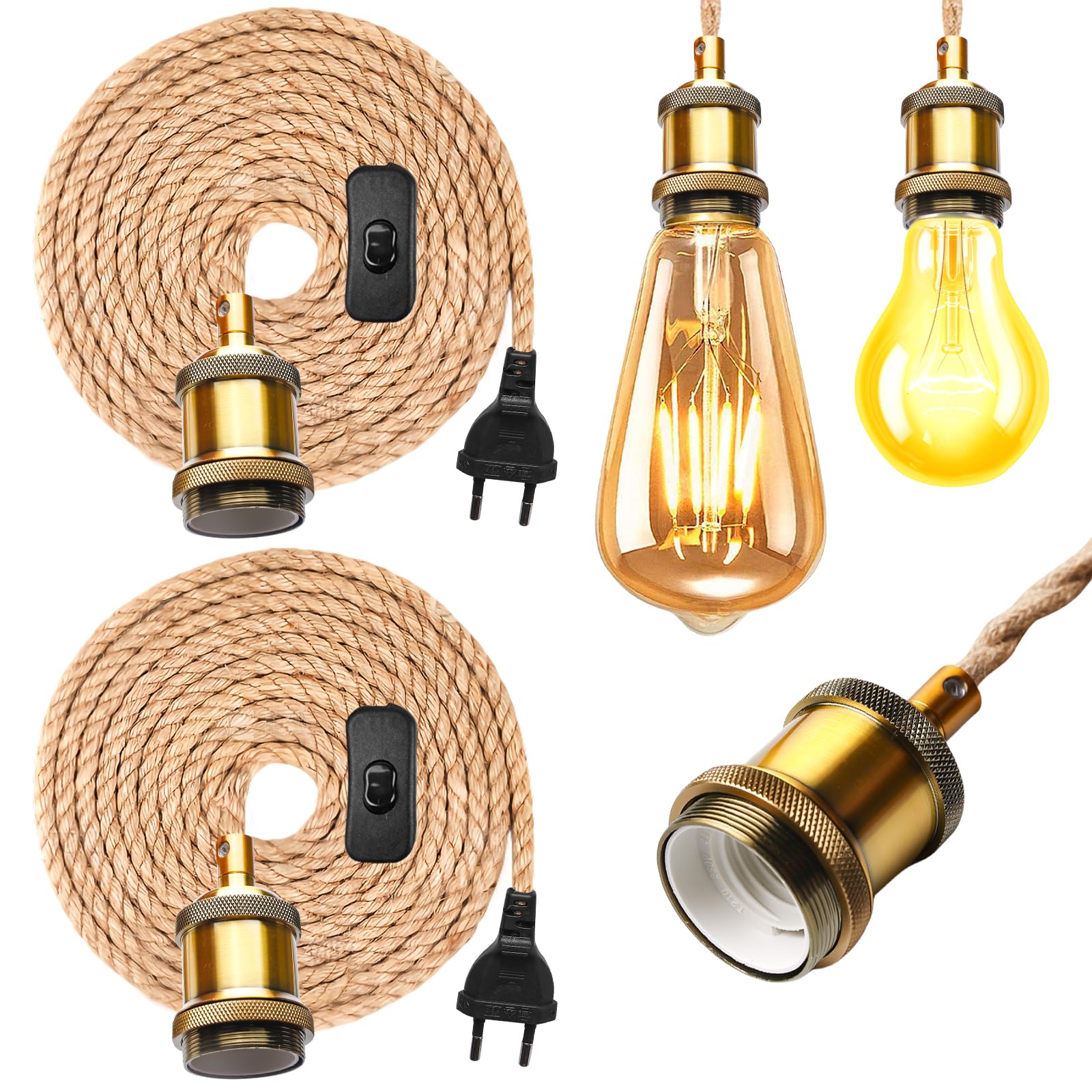 2 suspensiones vintage con enchufes, cables E27, cadenas de luces, cables con interruptor y enchufes en cuerda de cáñamo de 4,6 m, suspensiones de cable único para montar tú mismo