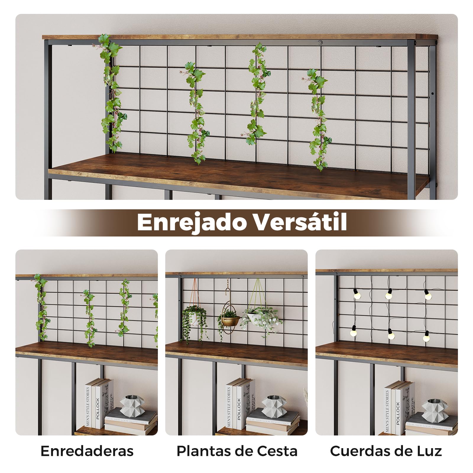 GOPLUS Estantería Alta de 6 Niveles, Librería Industrial de Madera con 6 Compartimentos, Rejilla Metálica, Dispositivo Antivuelco, Soporte Vertical Escalonado para Plantas, para Oficina, Salón