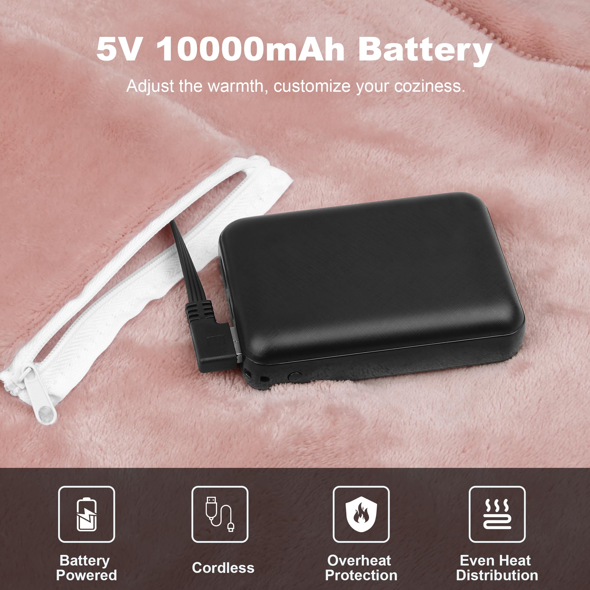Coperta Riscaldante Elettrica Senza Fili 160x90 cm, con Batteria 10000 mAh, 6 Zone di Riscaldamento, 3 Livelli di Temperatura, Plaid Termico USB per Casa, Ufficio, Auto, Campeggio(Rosa)
