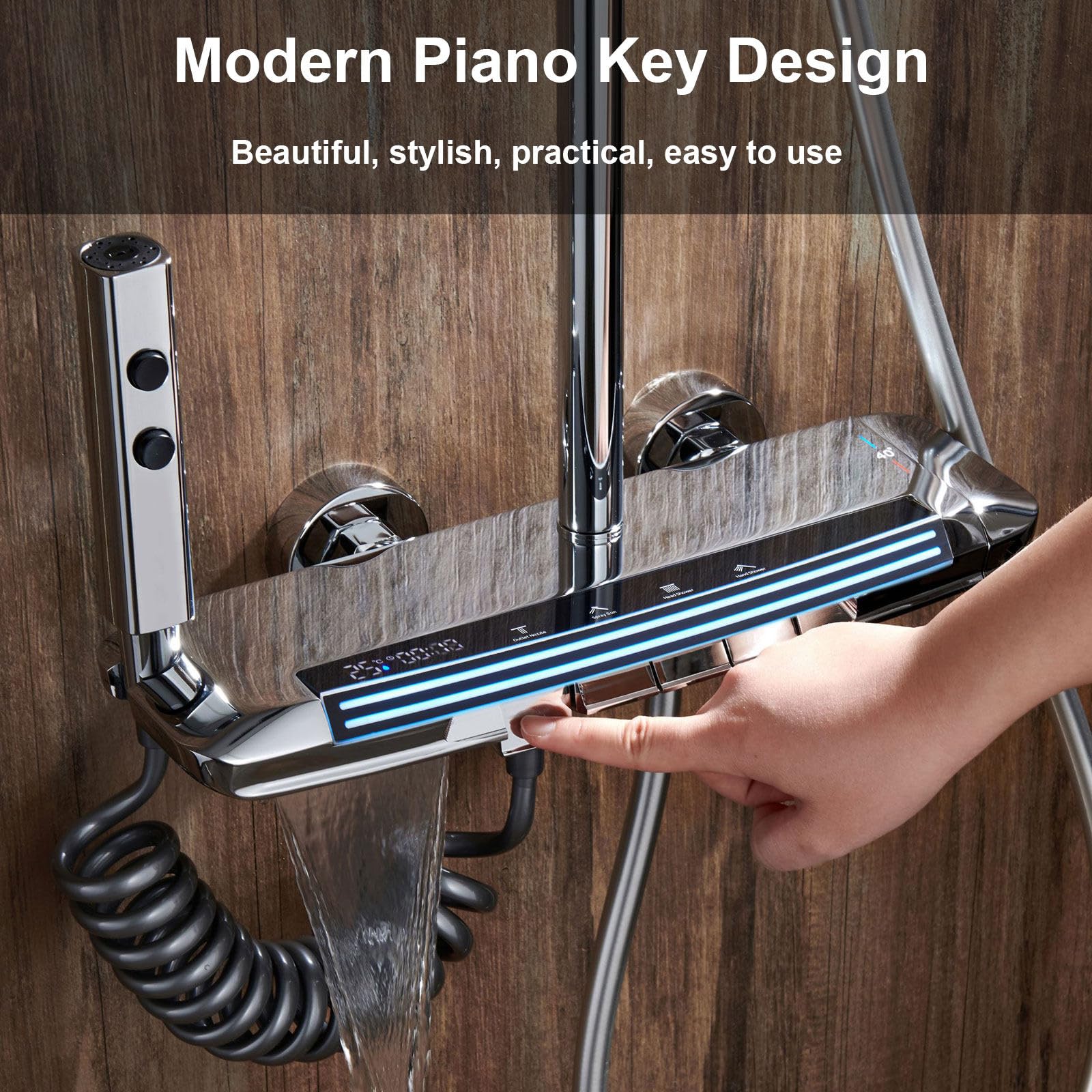 Colonna doccia con LED Luce Ambiente Moderno Piano Touch Set Doccia Rotonda/Pioggia Soffione Cascata Vasca Rubinetto 59A AllCopper Construct