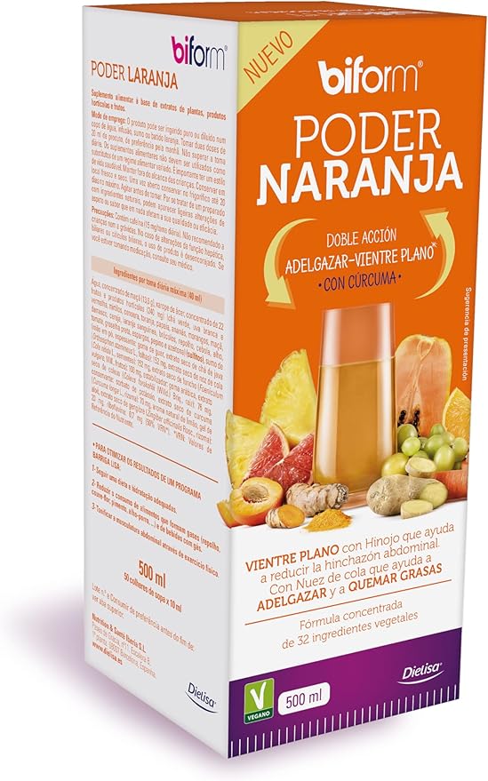 Dielisa BIFORM PODER NARANJA - COMPLEMENTO ALIMENTICIO - Sabor a Naranja con Doble Acción Control del Peso y Vientre Plano - para Combinar con tu Bebida Favorita - 500 ml