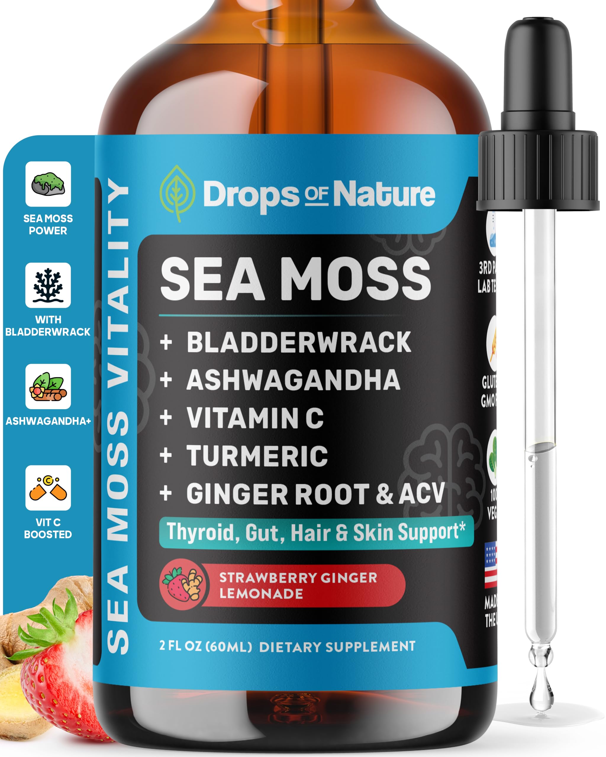 Ashwagandha & Turmeric Liquid Drops - Vitamin C, Sea Moss, Apple Cider Vinegar, Bladderwrack - Vegan Liquid Drops for Comprehensive Wellness Support & Vital Immunity (Strawberry Ginger Lemonade, 60mL)