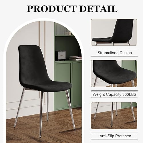 Miniatura 7 de Mid-Century - Juego de 4 sillas de comedor modernas, cómodas sillas auxiliares con asiento de tela, patas plateadas de metal resistentes para