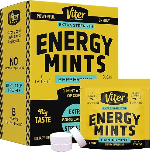 Viter Energy Mentas con cafeína extra fuertes, 80 mg de cafeína, vitaminas B, sin azúcar. (menta, 8 onzas, bolsa a granel)