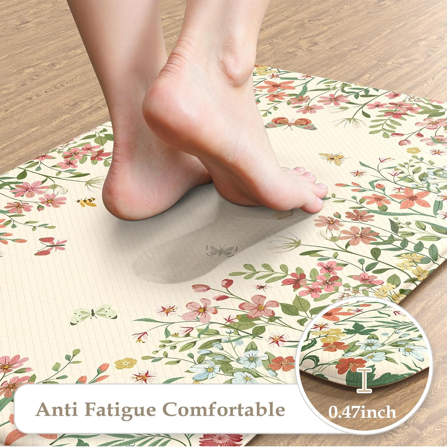 KIMODE Anti Fatigue Kitchen Mats for Floor 2 Piece, Beige Farmhouse Kitchen Rugs Sets of 2, Non Slip Waterproof Kitchen Floor Mats, Standing Mats for Laundry Office Sink Desk 20"x59"+20"x32"