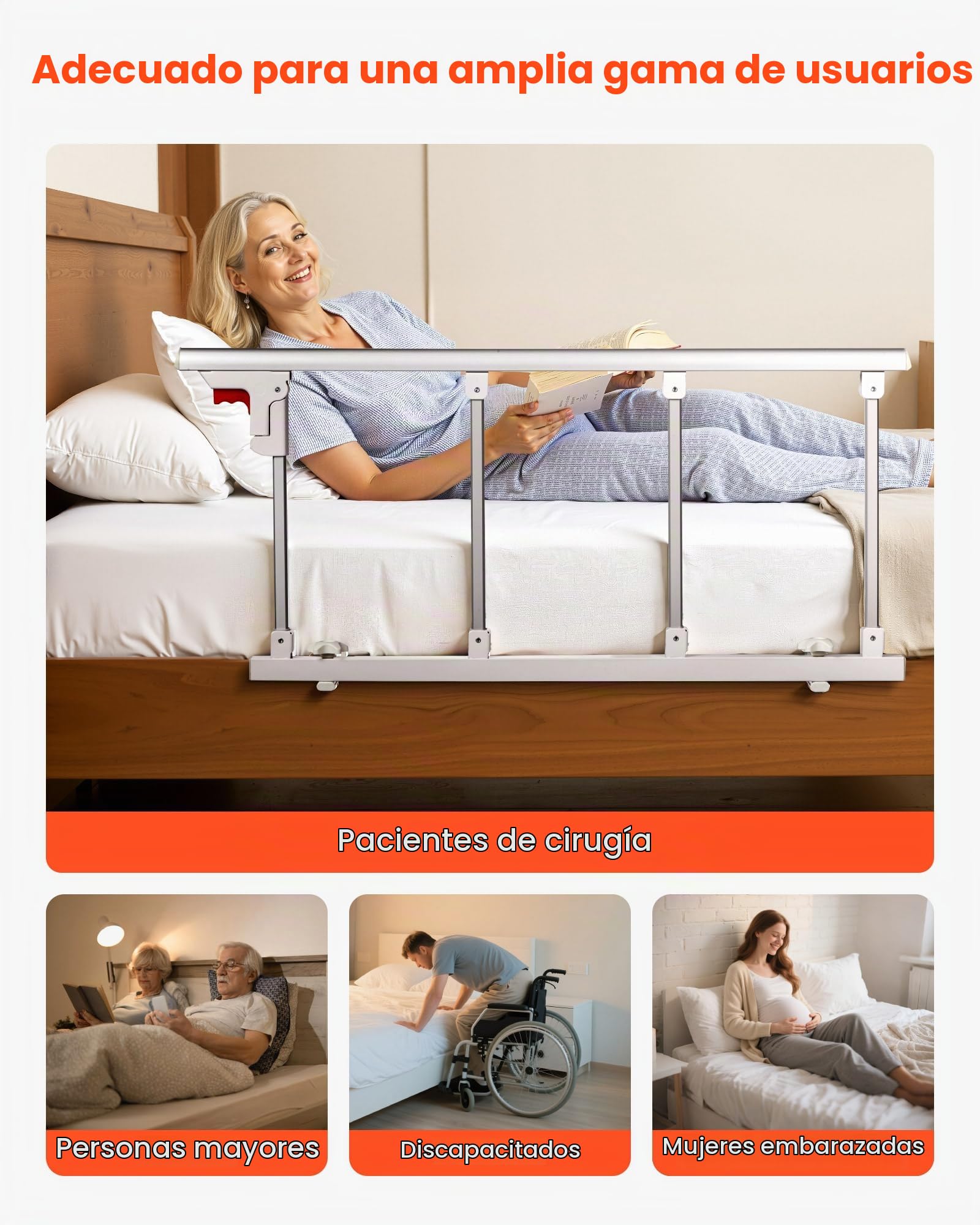 VEVOR Barandilla de Cama Plegable a Personas Mayores, 97 cm, con Correa de Sujeción, Protección Anticaídas y Protección de Bordes, Compatible con Camas King, Queen, Matrimoniales e Individuales