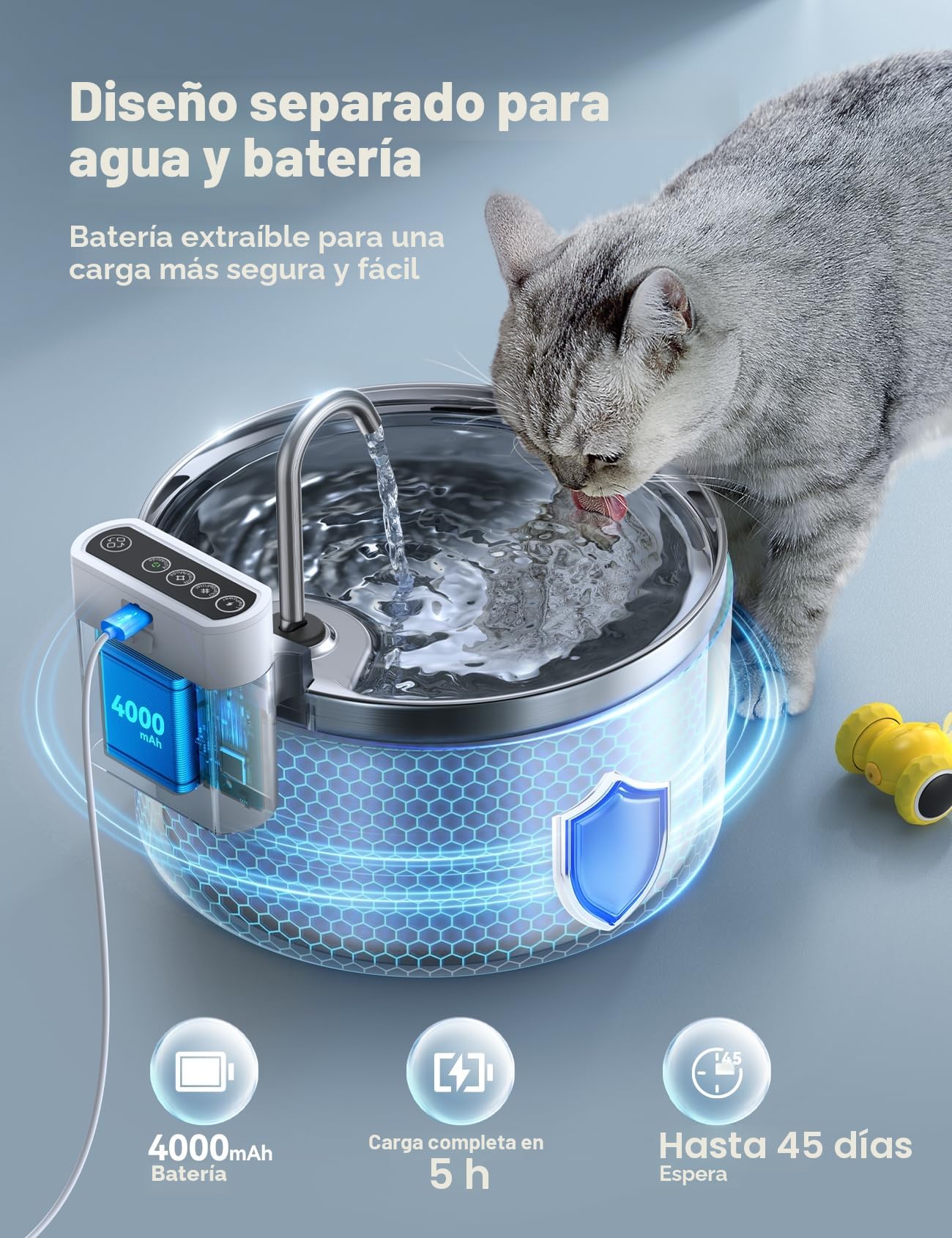 Fuente para Gatos Sin Cable con Sensor [Separación de Agua y Batería] FEELNEEDY Dispensador Automático de Agua en Acero INOX para Mascotas Inalámbrica con Batería 4000mAh, 3.5L, 6 Filtros, INOX