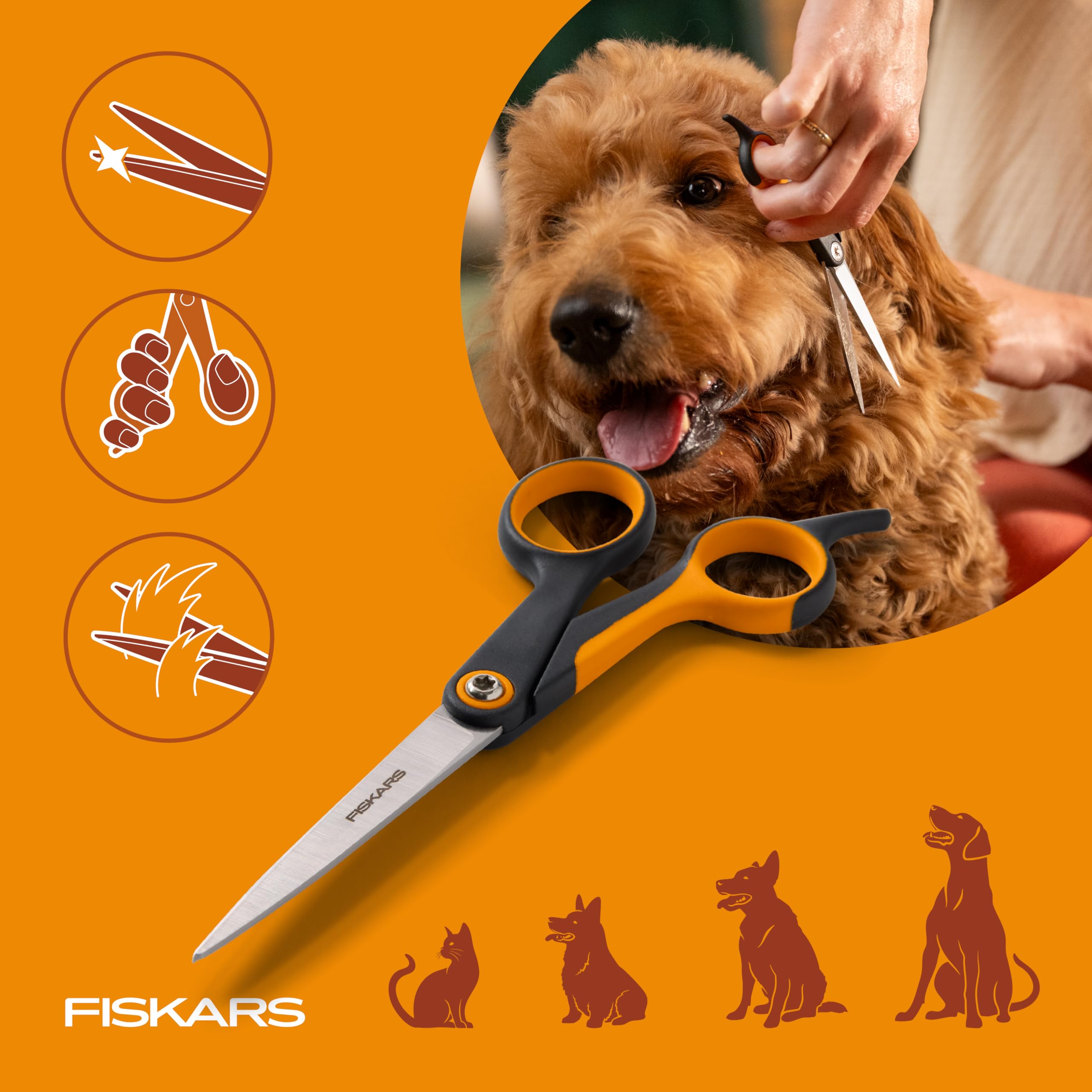 Fiskars Nożyczki do cięcia zwierząt domowych, nożyczki do pielęgnacji psów i kotów, precyzyjne ostrza ze stali nierdzewnej i uchwyt SoftGrip, artykuły dla kotów i psów, 17 cm, pomarańczowe/czarne