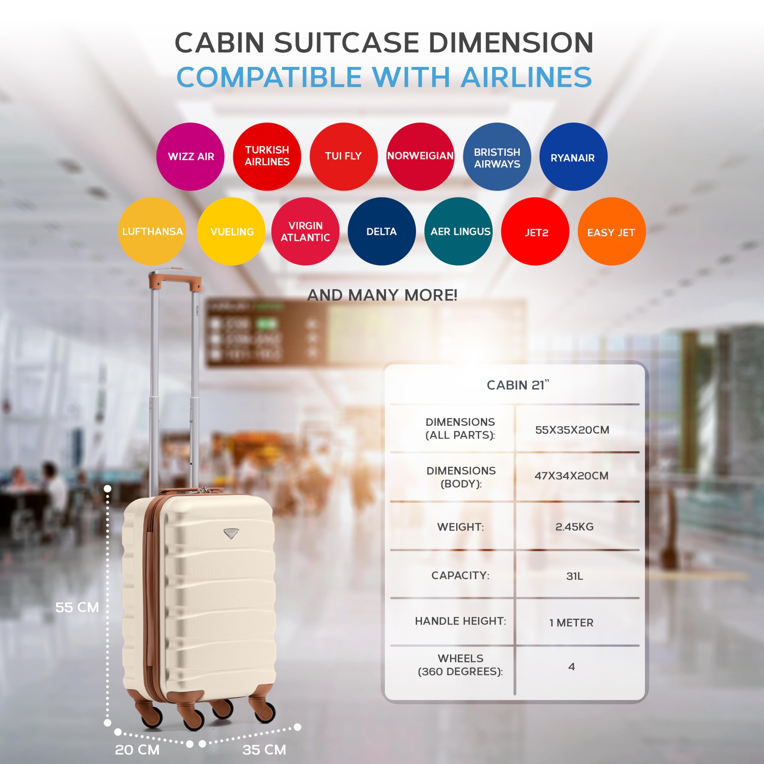 Flight Knight Cabin Suitcase 55x35x20, Lightweight Carry On Bag for Over 100 Airlines- Ryanair, EasyJet, British Airways, Virgin Atlantic - Small Durable Hand Luggage, ABS Hard Shell- TSA Lock