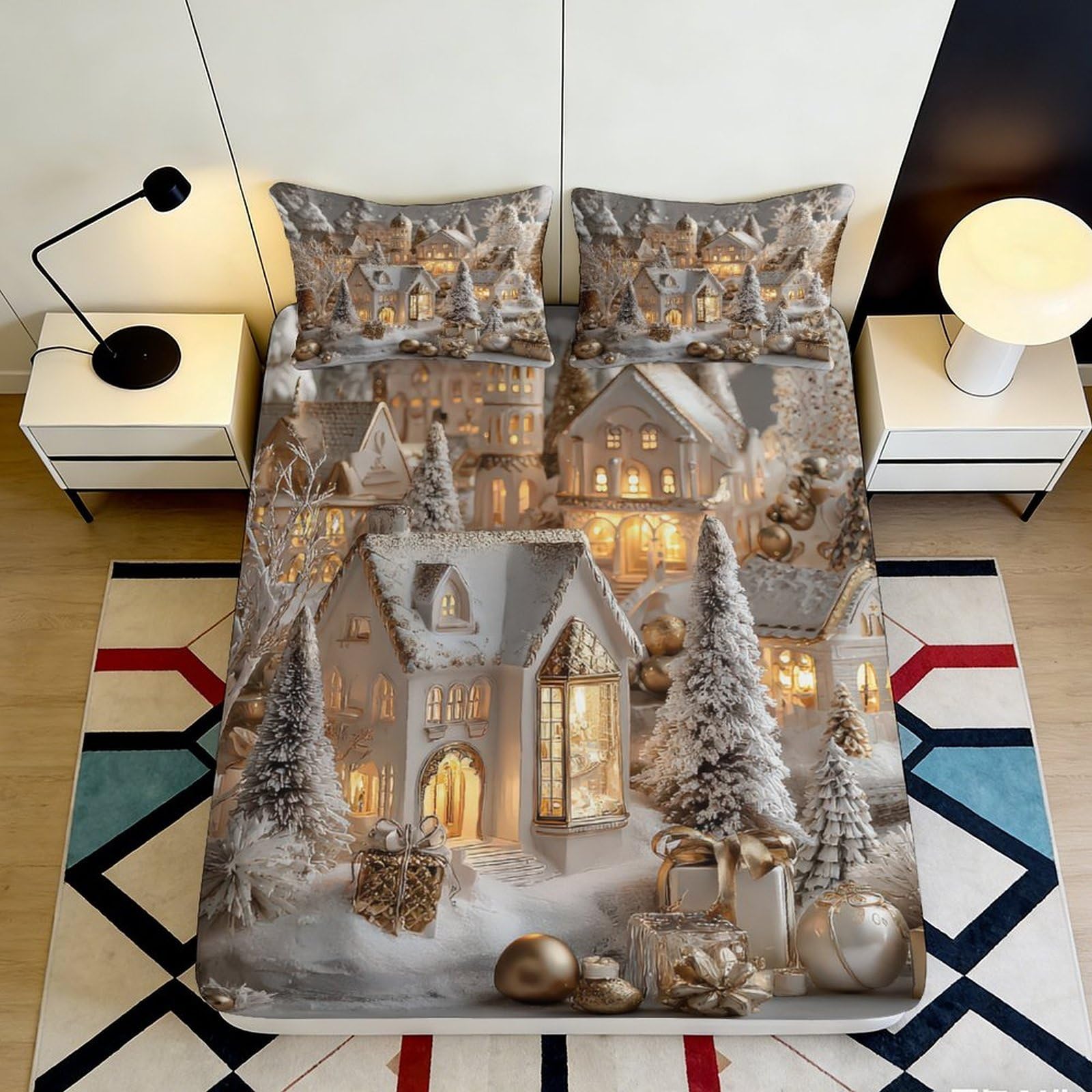 3D Printed Winter Cottage Fitted Sheet Microfiber Deep Pocket Bedroom Bedding Winter Scene Mattress Fitted Cover Elastic Hem 140x200x25cm