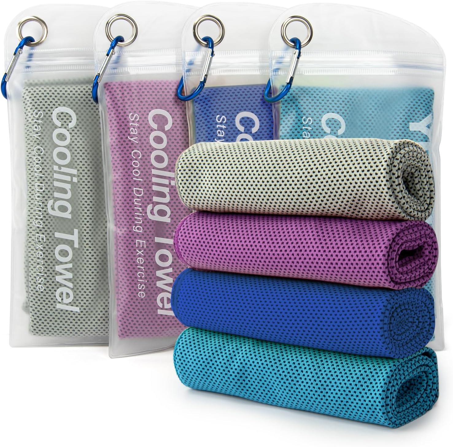 YESLIFE 4 Pack Cooling Towel 40″x12″, Gym Towels for Men and Women, Soft Breathable Workout Towels for Yoga, Running, Sport, & More (Grey, Dark Blue, Purple, Blue)