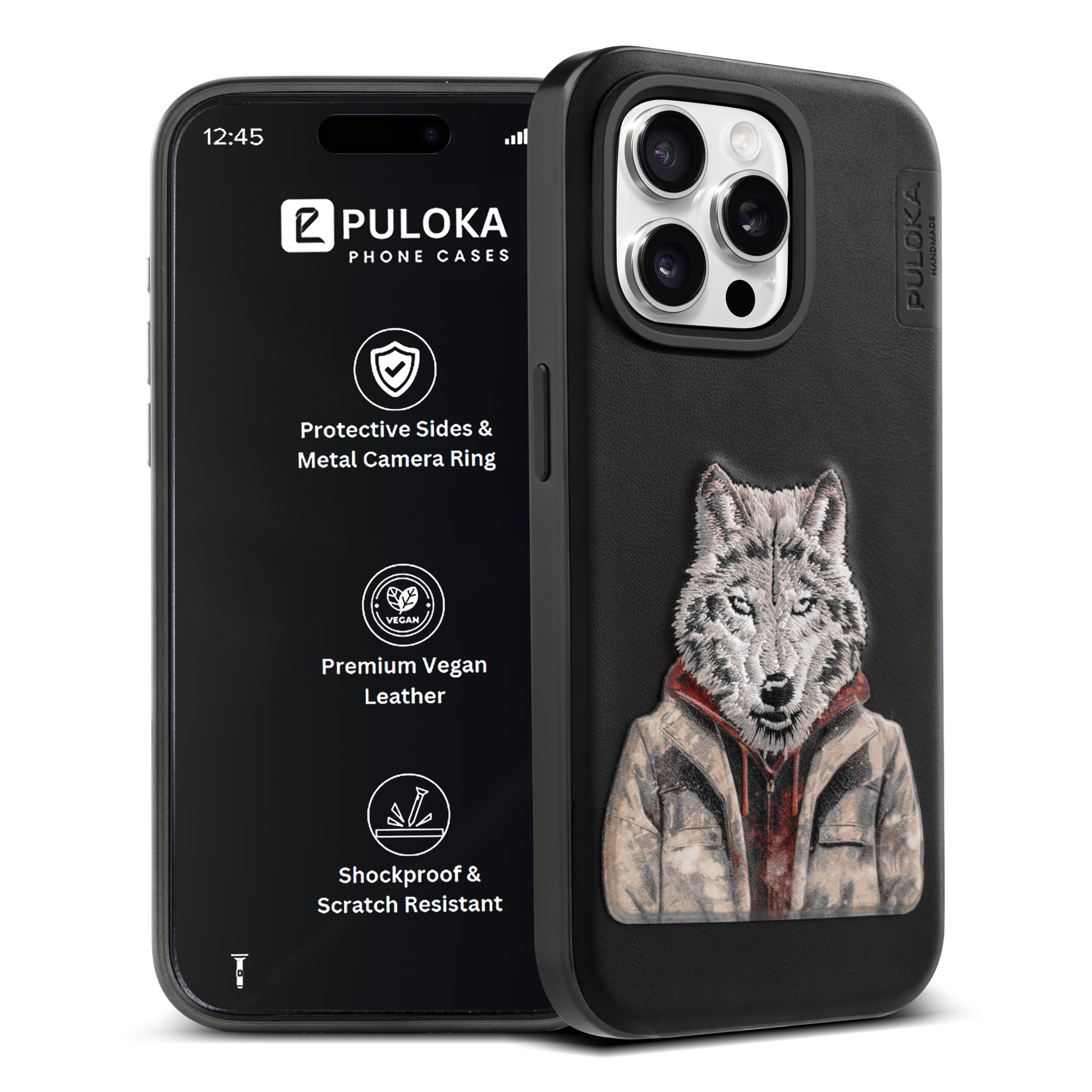 PULOKA iPhone 16 Pro Wolf Embroidery Leather Case -7
