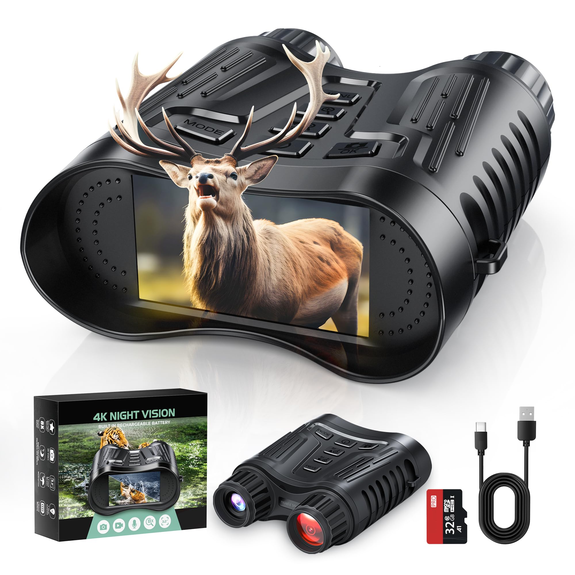 4K Night Vision Goggles, Infrared Night Vision Binoculars for Adults, 3.2'' Large Screen, 8X Digital Zoom, 32GB Card to Save Photos and Videos for Camping Hunting & Security