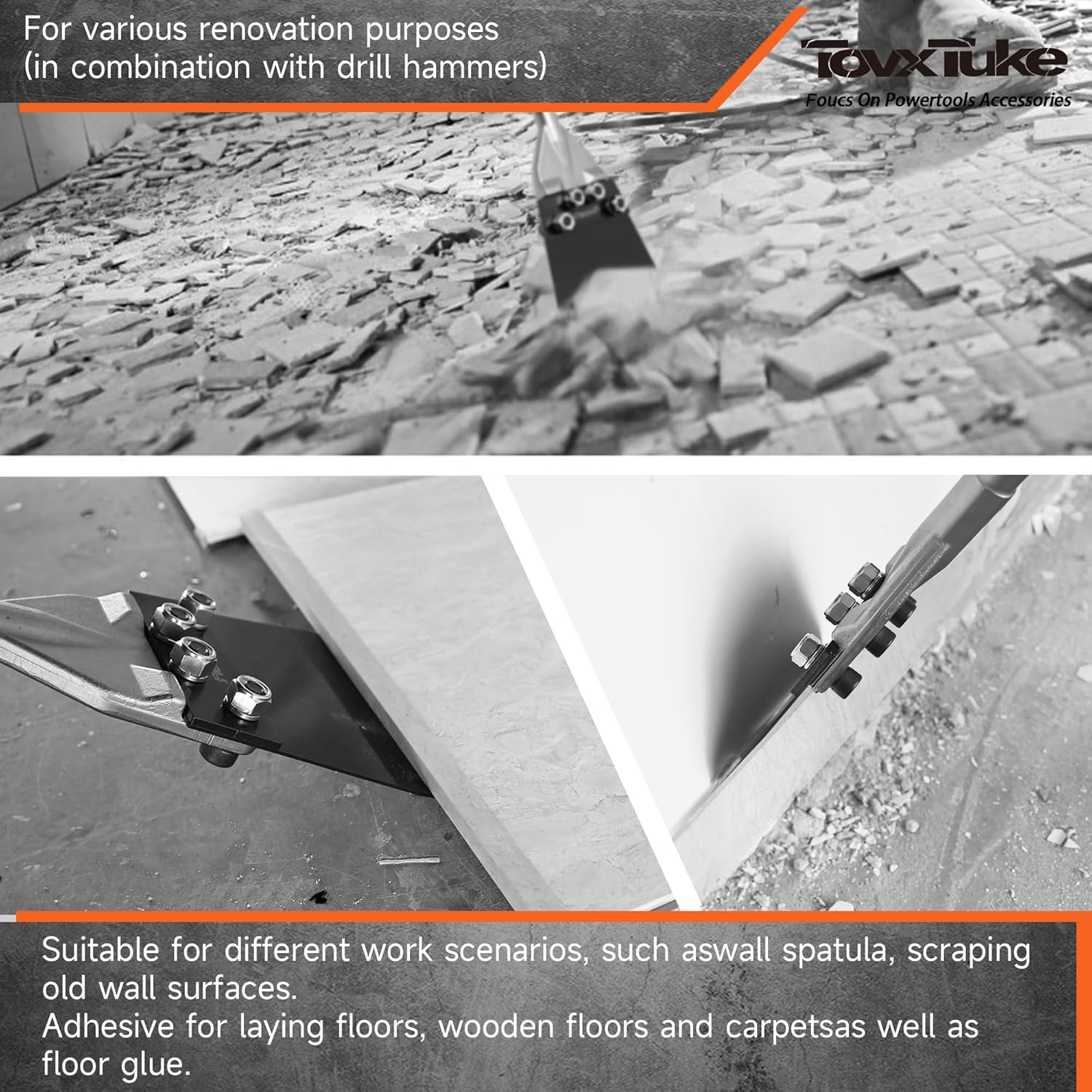 TovxTuke SDS Max Floor Scraper, Thinset Removal Chisel Bits Scaling Chisel Tool for Rotary Hammer Drill, Steel Shovel Bits for Removing Vinyl Flooring VCT Tiles Linoleum Concrete Mortar