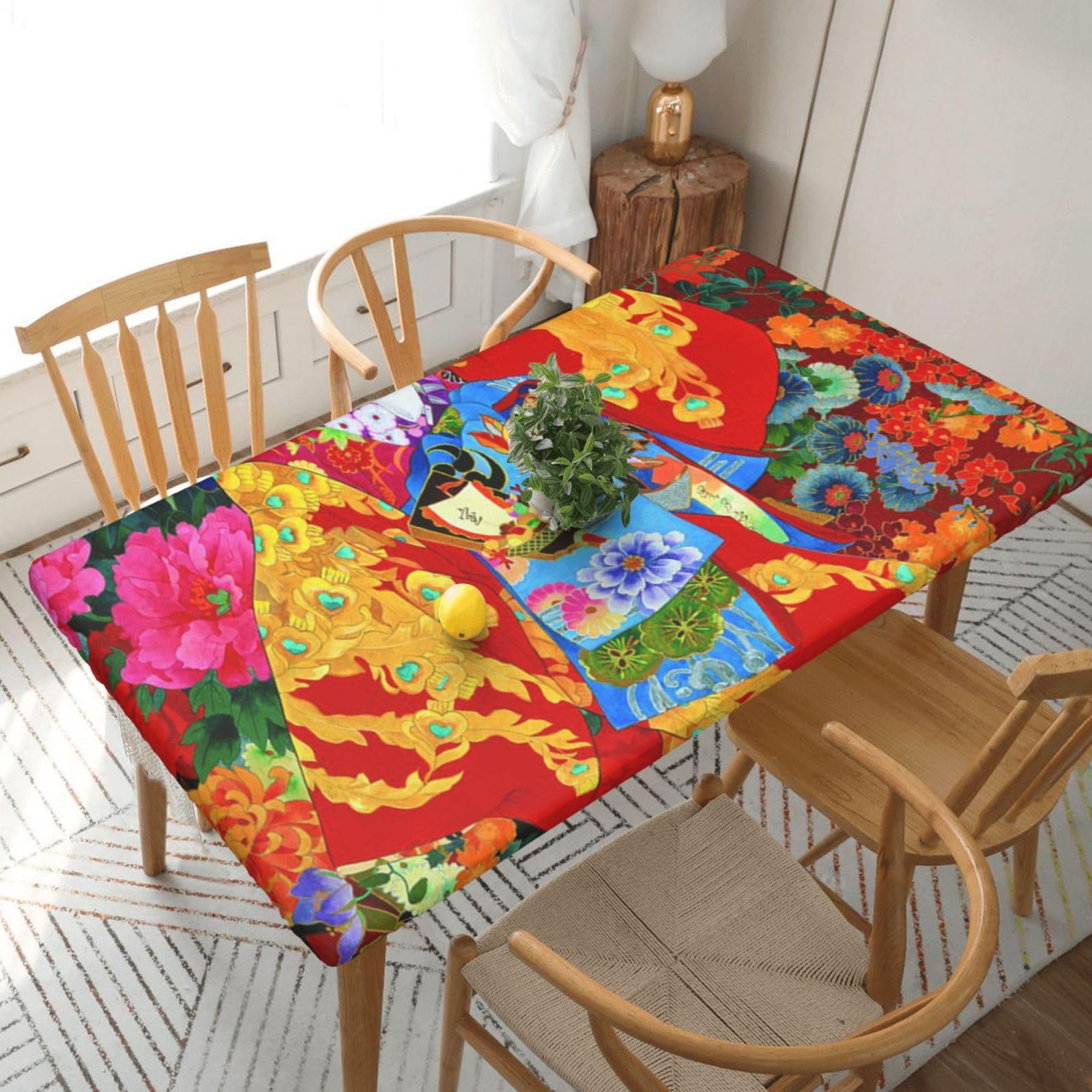 DCEHGEW Elastic Fitted Rectangle Tablecloth for 5ft Tables, Retro Japanese Geisha Girl Printed Oilproof & Washable Fabric Picnic Table Cloth Table Covers