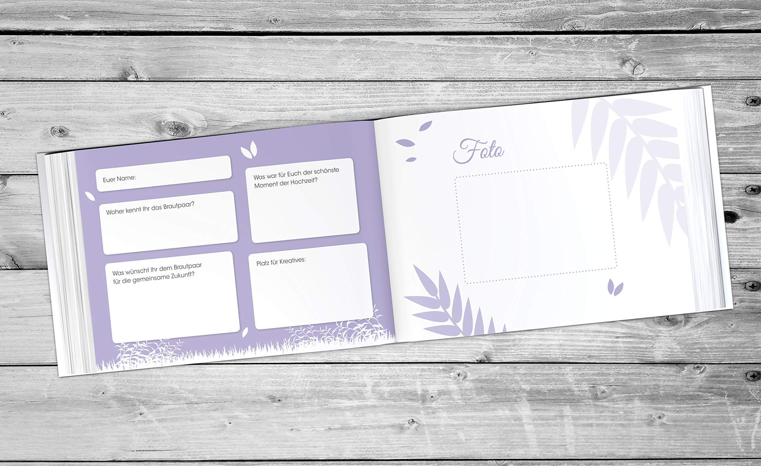 Gästebuch Hochzeit, personalisiert, Inhalt mit Fragen, Hochzeitsalbum Hochzeitsbuch Hochzeitsgästebuch, Leaf Couple - Pastell-Flieder