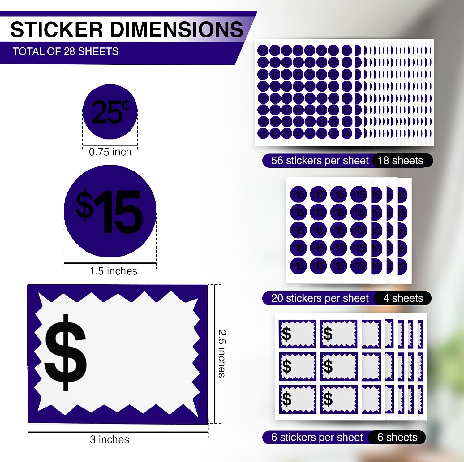 Perco Garage Sale Price Stickers - 28 Sheets, 1100 Pre-Priced & Blank Stickers, Easy to Read Price Tags for Effective Pricing - Ideal for Yard Sales, Flea Markets, County Fairs & Retail Use (Purple)