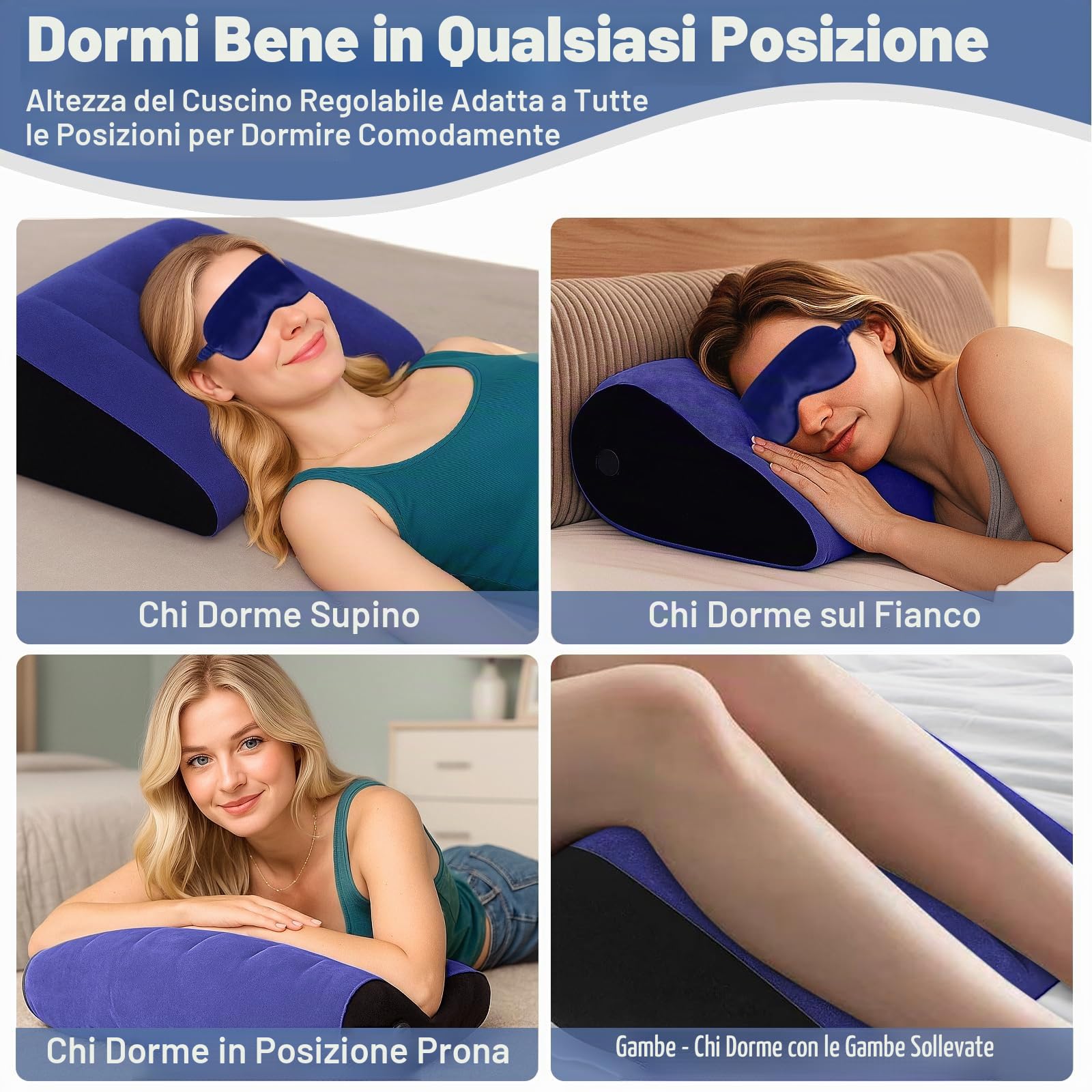 Cuscino Gambe per Dormire – Cuscino a Cuneo e Mascherina per Dormire, Schienale Letto per notte che Riduce Pressione su Testa e Gambe