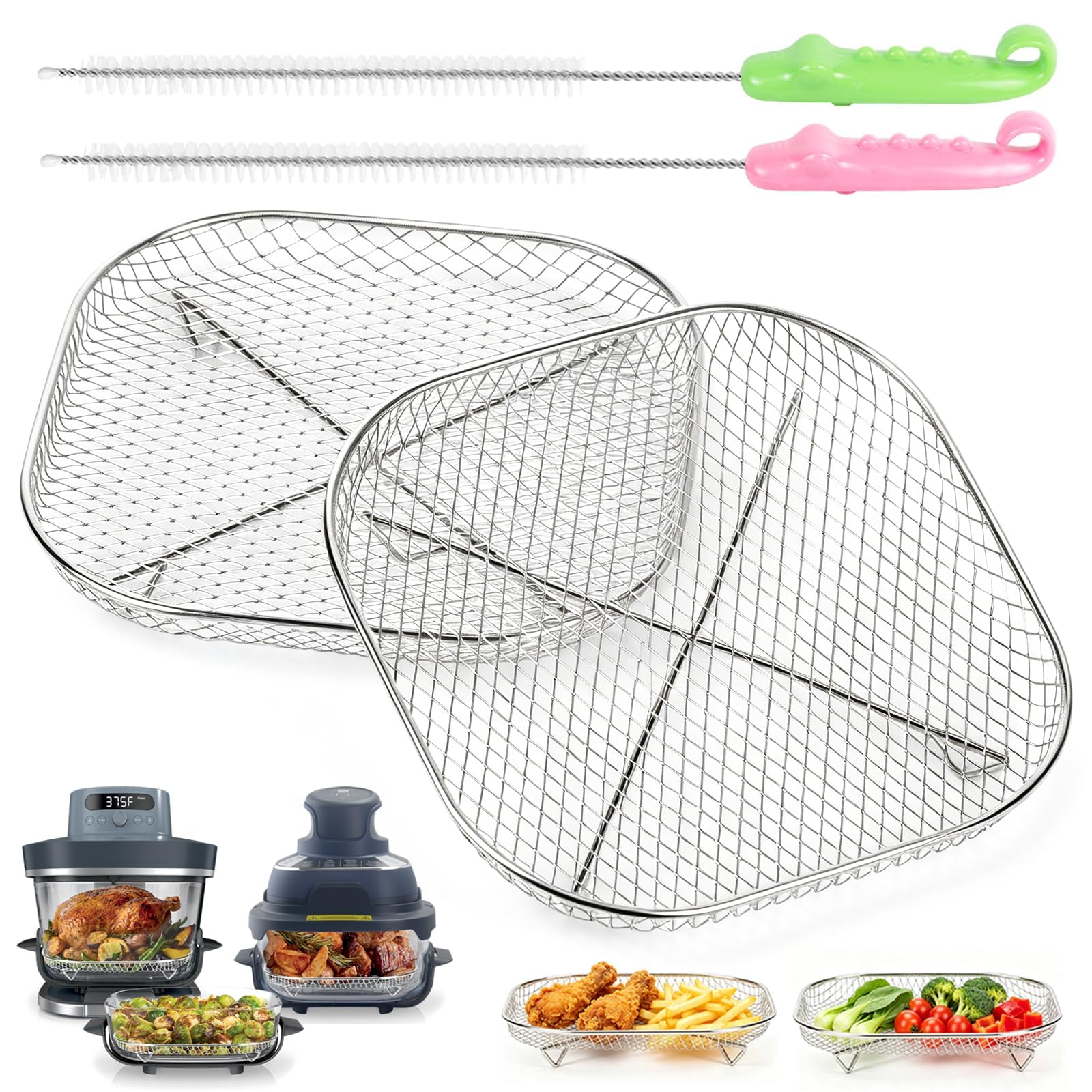 2-Edelstahl-Gestell-Set kompatibel mit Ninja Crispi Heißluftfritteuse, Ninja Crispi Pro, Zubehör aus Glas für Ninja Crispi FN101 AS101, inklusive 2 Reinigungsbürsten