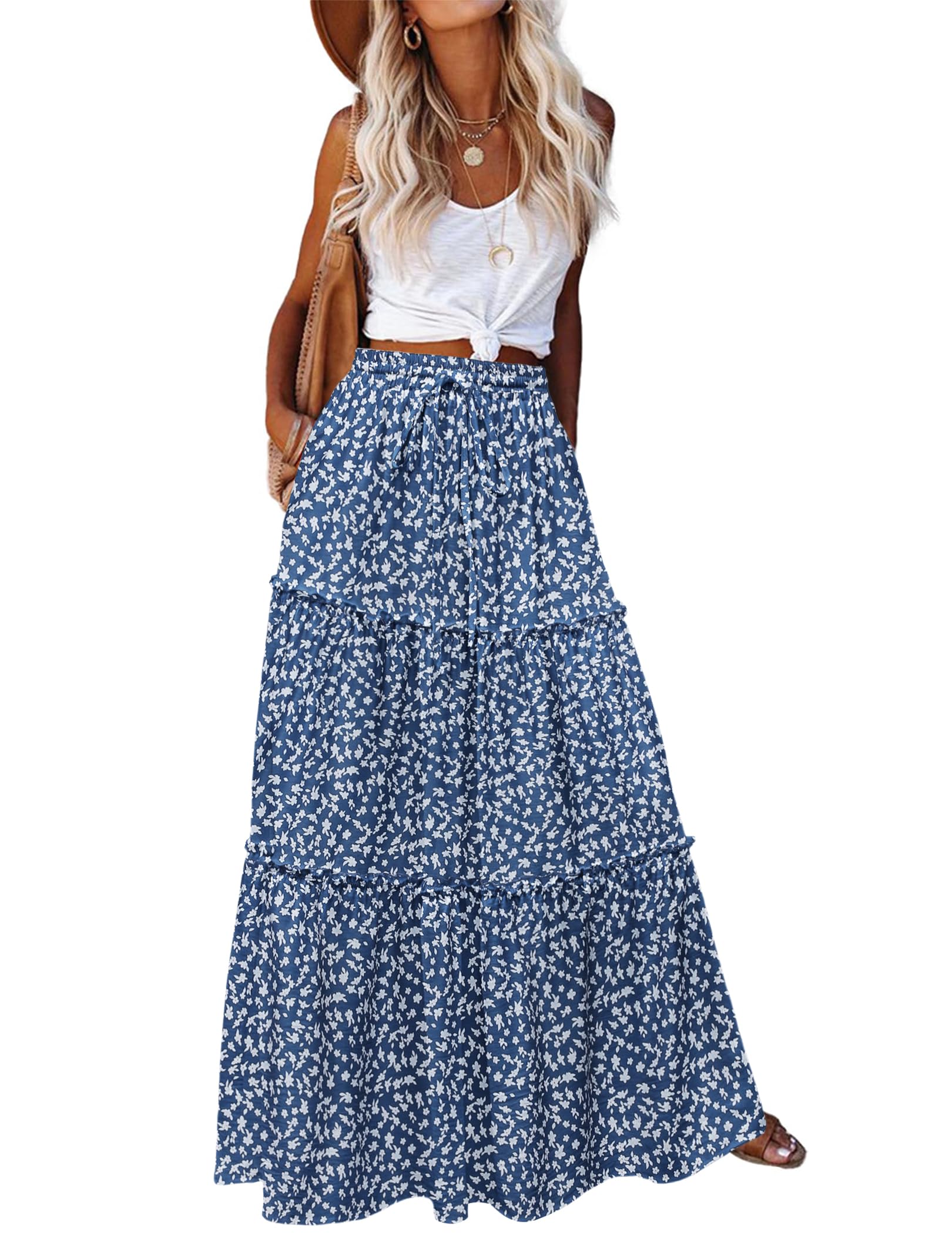 Hotouch Rock Damen Hohe Taille Röcke Elegant Maxirock A-Linie Schichtung Kordelzug Freizeitrock Blumen Rock mit Taschen
