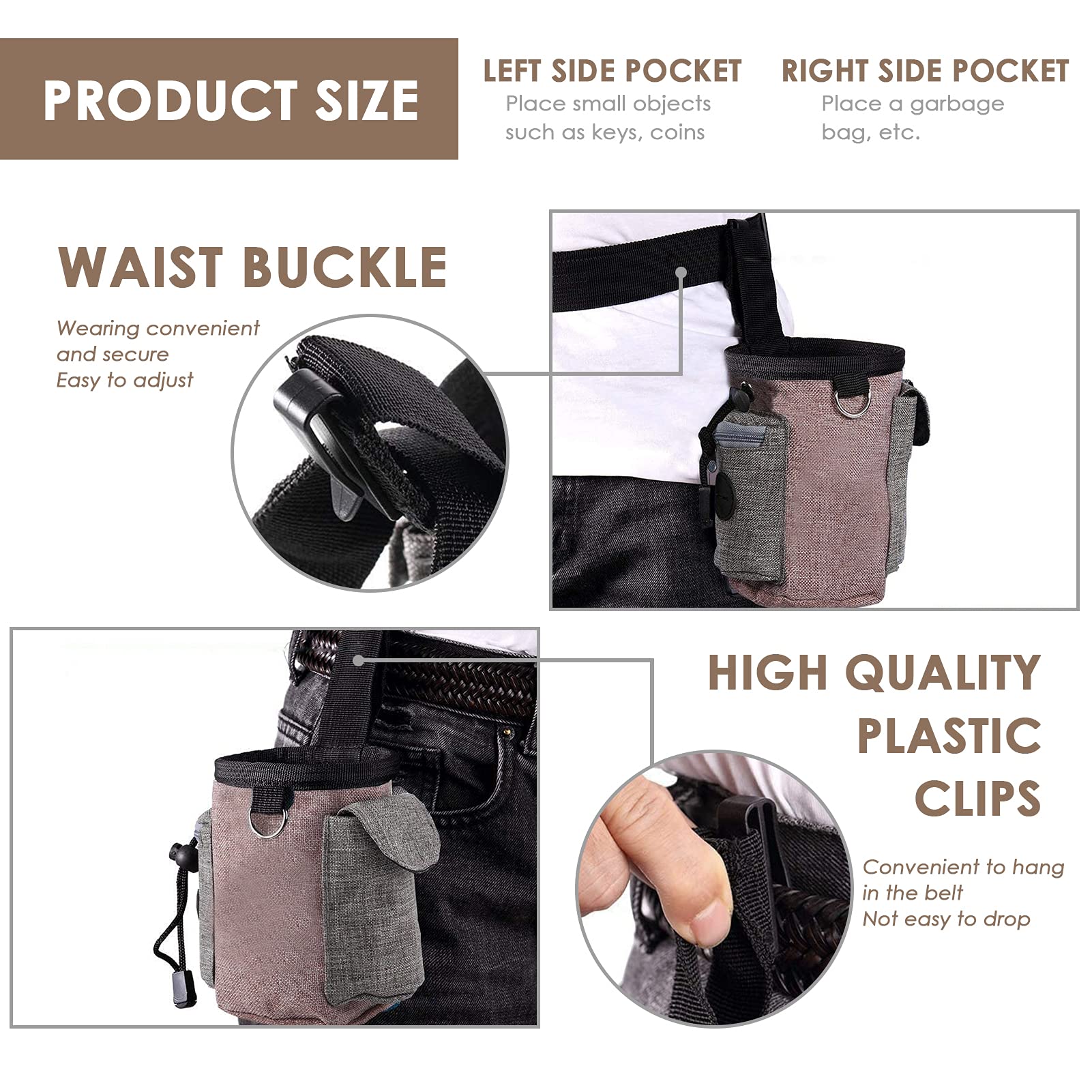 Borsa Addestramento Cane Impermeabile - Con Dispenser Sacchetti, Cintura Regolabile, 17x15 Cm, Marrone - Foto 3