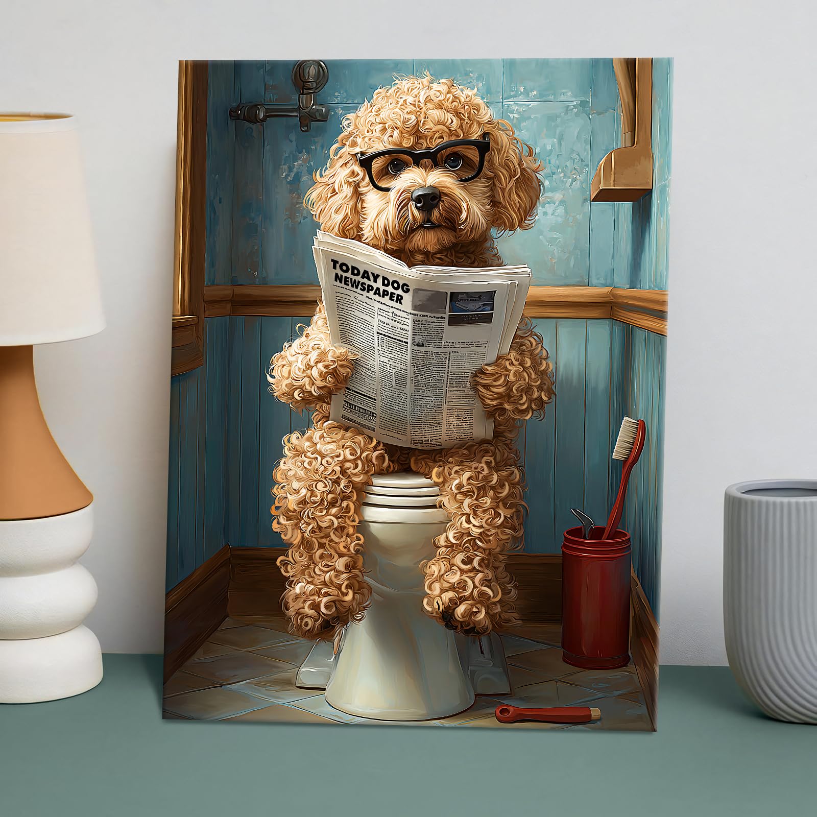 Funny Bathroom Canvas Wall Art Brown Poodle On Toilet Readin -2 Funny Bathroom Canvas Wall Art Brown Poodle On Toilet Readin -2