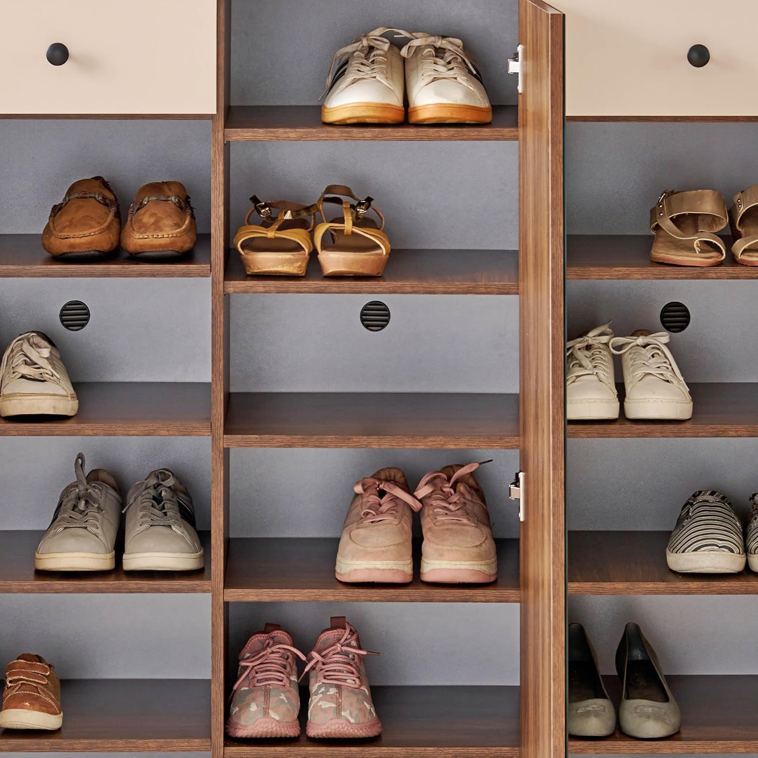 Close-up of shoe shelves inside the Home Centre Addison Shoe Cabinet