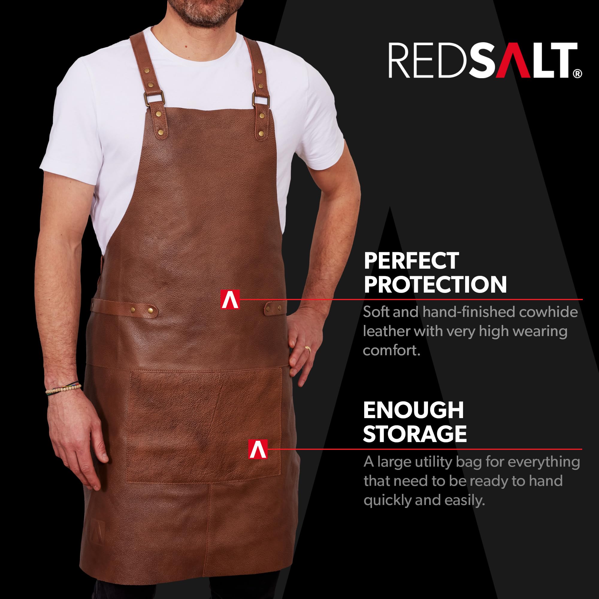 REDSALT® Premium Leather Apron 100% Cowhide Leather 84 x 62 cm Crossback Professional BBQ Apron Work Apron Kitchen Catering Bar Barista Cooking Apron Kitchen Apron Gifts for Men Crossback - Image 2