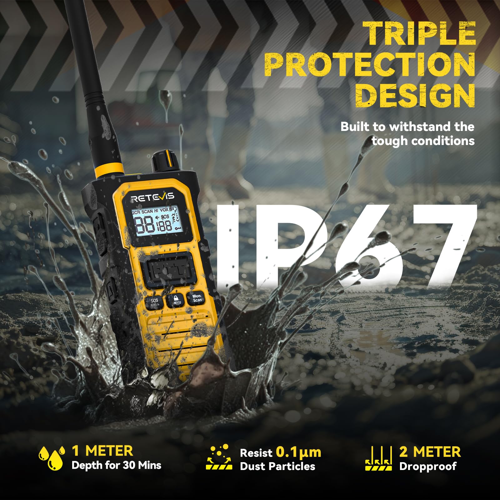 Retevis RB648 Pro Talkie Walkies, Talkie-Walkie Étanche IP67 avec Chargeur 6 Voies, 2800 mAh, Réduction Avancée du Bruit, Radio Bidirectionnelle Longue Portée Robuste pour Chantier (6 Pièces, Jaune)
