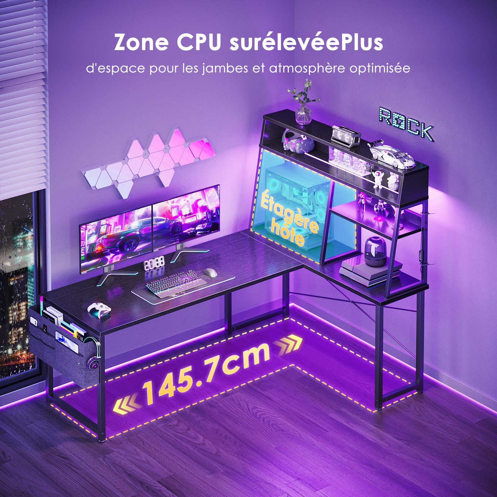Coleshome Bureau Gaming Angle avec LED, 150 × 100 cm, Noir