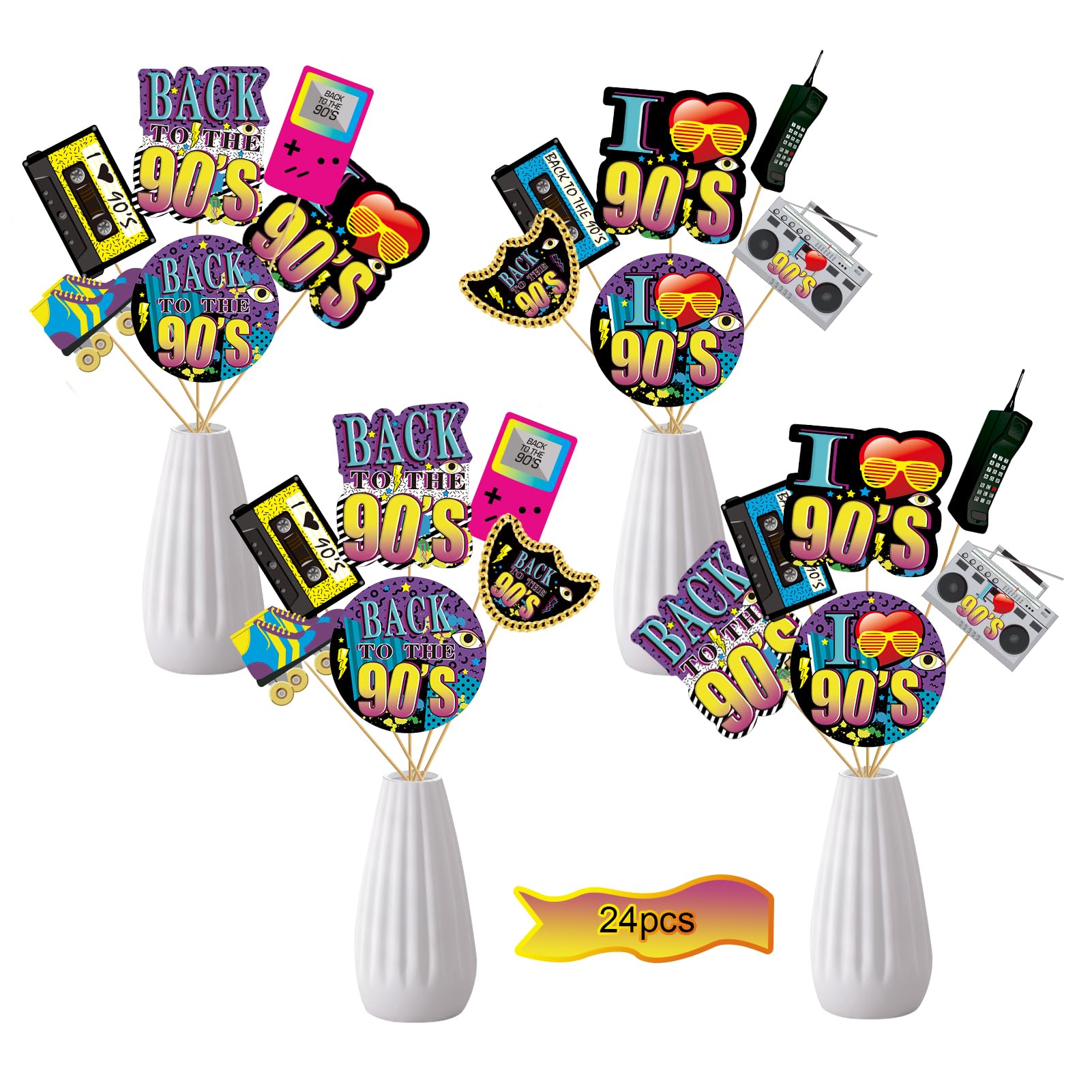 Yoaokiy 24pcs 90s Party Decorations, 90s Centerpiece Sticks, Table Toppers, Photo Booth Props, Multi Color, Yellow, Blue, Purple, Retro 90s Elements, Music Themed Birthday Party Decor