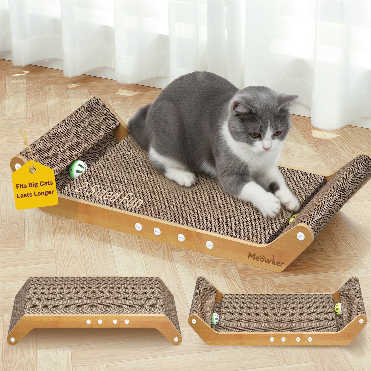 Modern Cat Scratcher Pad Cardboard for Indoor, 23.8" Scratching Lounger Board with Ball Track for Kittens & Large Cats, 3 in 1 Floor Horizontal Bed for Furniture Protection