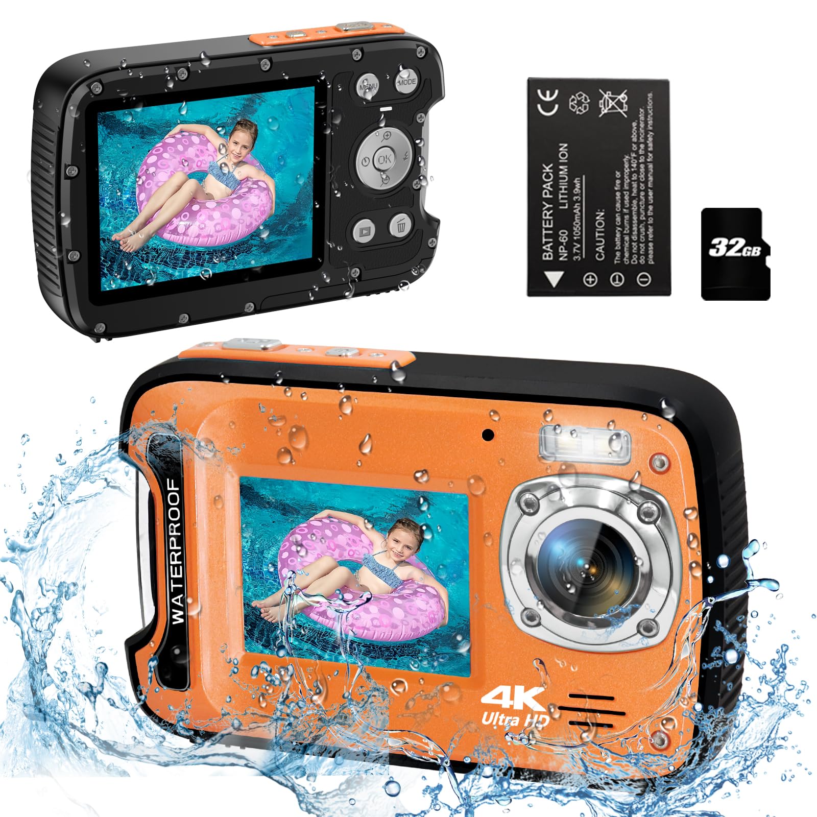 Appareil photo numérique étanche 4K 48 MP 5,2 m pour plongée avec tuba, caméra sous-marine double écran mise au point automatique avec carte de 32 Go, zoom 18x et lumière compacte