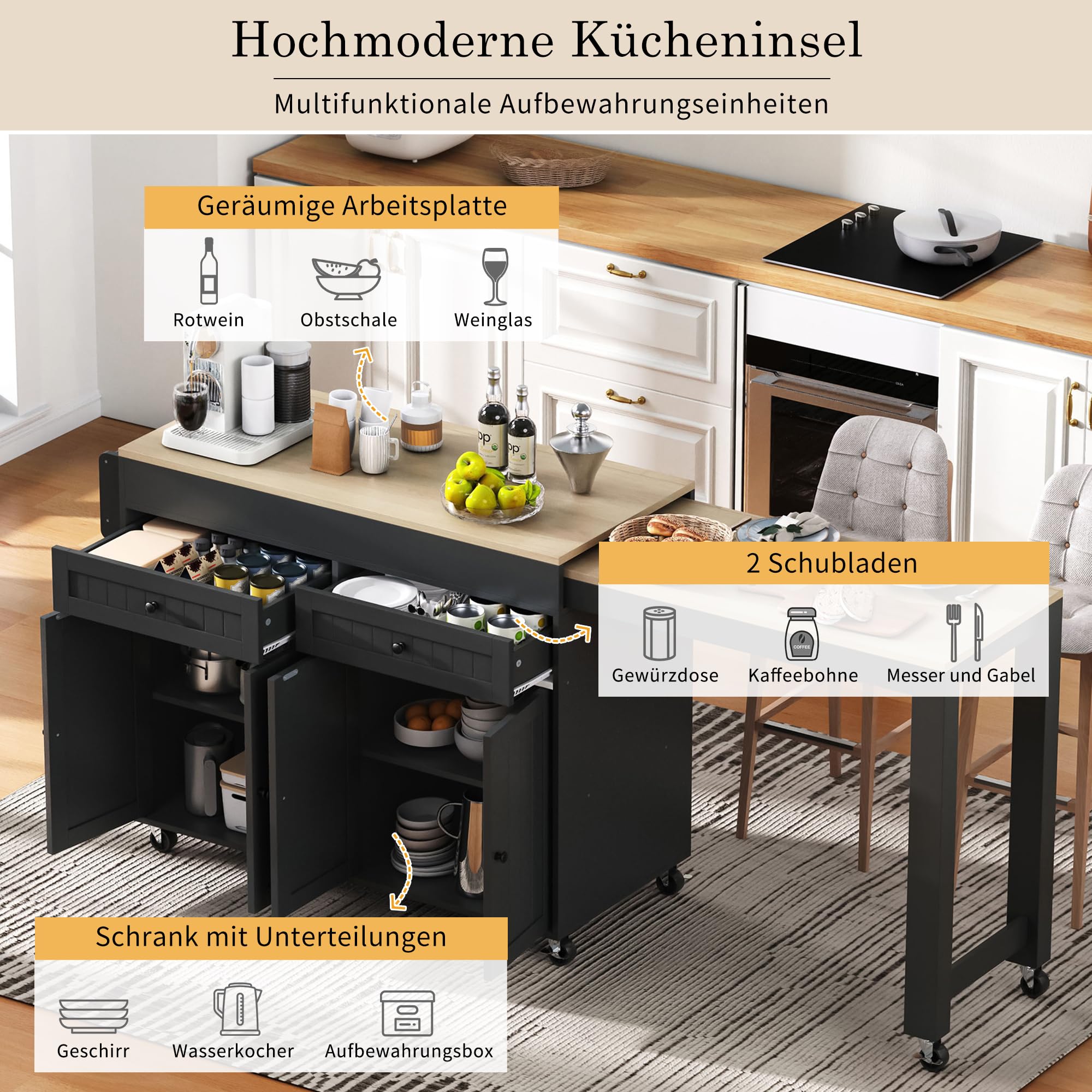 Mobile Kücheninsel auf Rollen mit ausziehbarer Arbeitsplatte (112–180 cm), Küchenwagen mit Stauraum & Schubladen, freistehend für Küche & Essbereich (Schwarz & Natur)