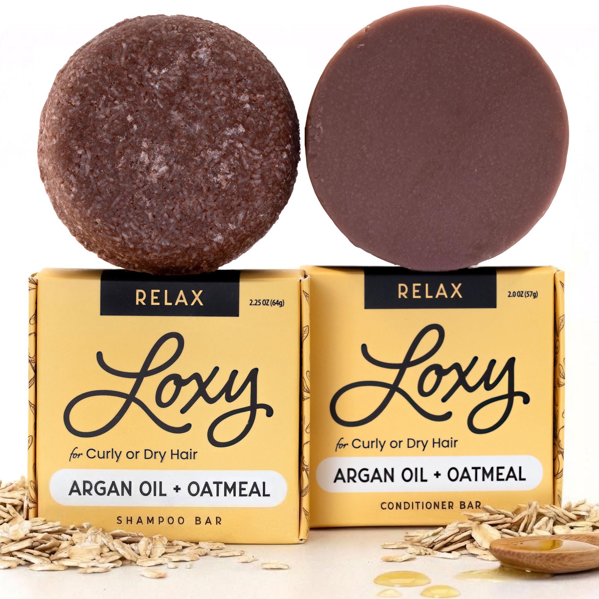 Loxy Relax Moisturizing Shampoo and Conditioner Bar Soap Set for Curly, Wavy, or Frizzy Hair | Argan Oil & Oatmeal | Vegan & Cruelty Free | Zero Waste