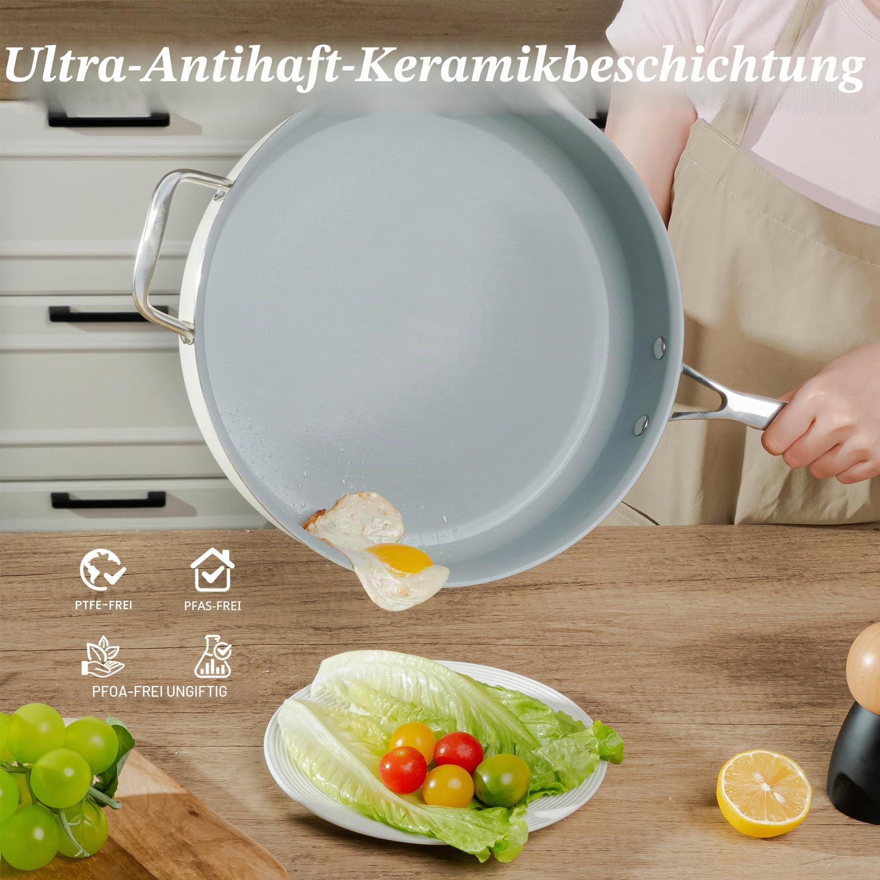 Bratpfanne 30cm，Pfanne mit Deckel Antihaft-Keramikpfanne, Induktion mit Edelstahlgriff und Deckel PTFE‑frei / PFOA‑frei / PFAS‑frei, Backofenfest, Spülmaschinenfest Cremeweiß