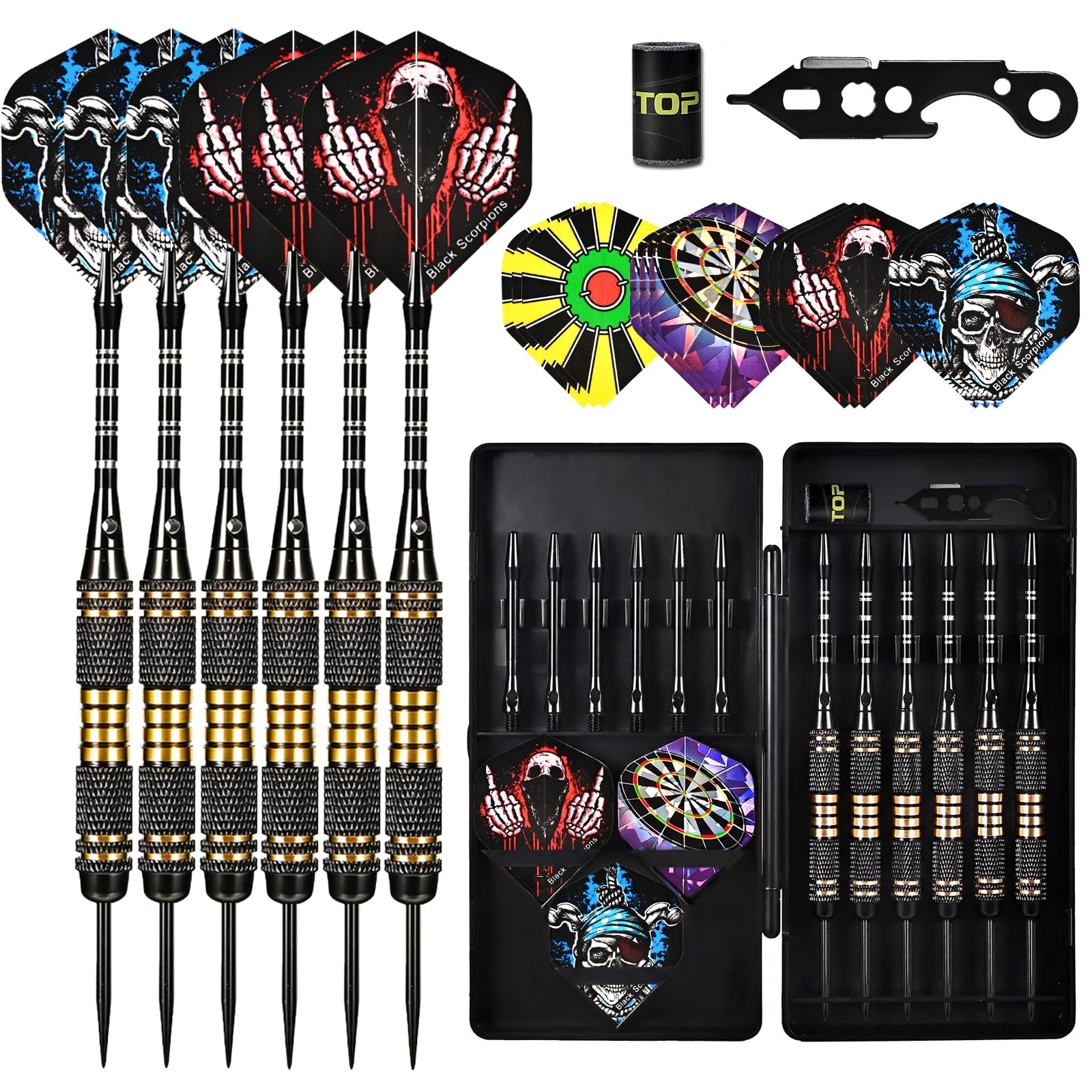 Wolftop Professional 6 Pack Steel Tip Darts Set - 22 Grams Darts Metal Tip Set in Case - Brass Darts with 12 Aluminum Shafts, 12 Dart Flights, Dart Tool and Dart Sharpener for Beginners to Pros