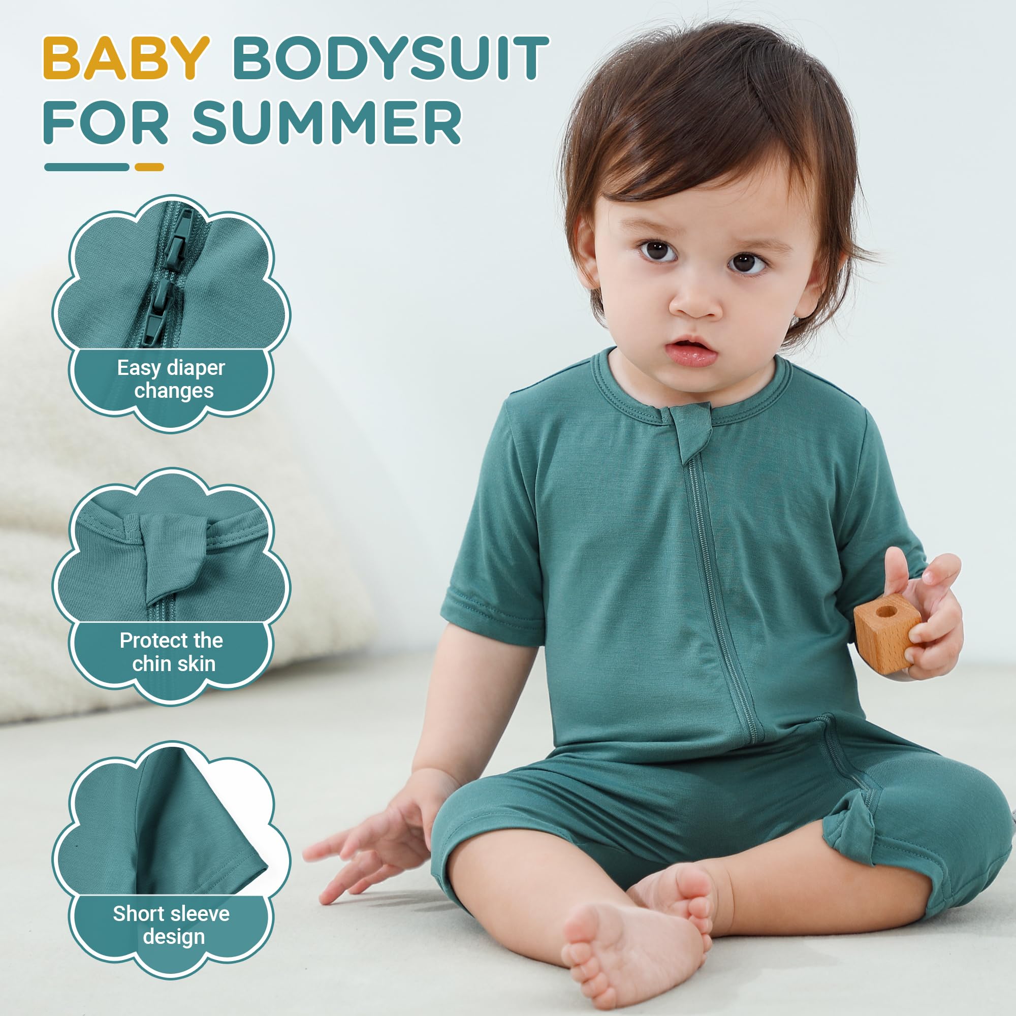 HAHASHOW Body Bebé Manga Corta para Verano 2 Piezas, Ropa Bebé Recién Nacido de Fibra de Bambú Pijamas Niños y Niñas con Cremallera 2 Vías
