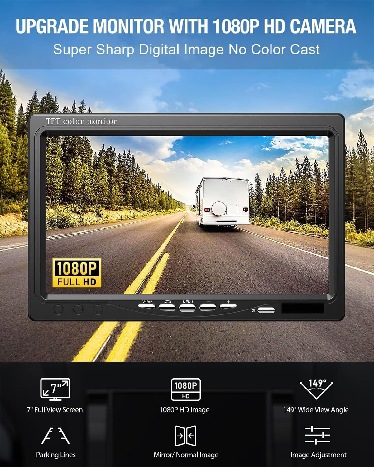 Kit Caméra de Recul BEYI 1080P HD – Écran LCD 7″ et Filaire Caméra Signal Stable en Temps réel, Vision Nocturne Étanche, pour Camion, Camping-Car, Remorque & Utilitaire (12V-24V) avec 15m Câble