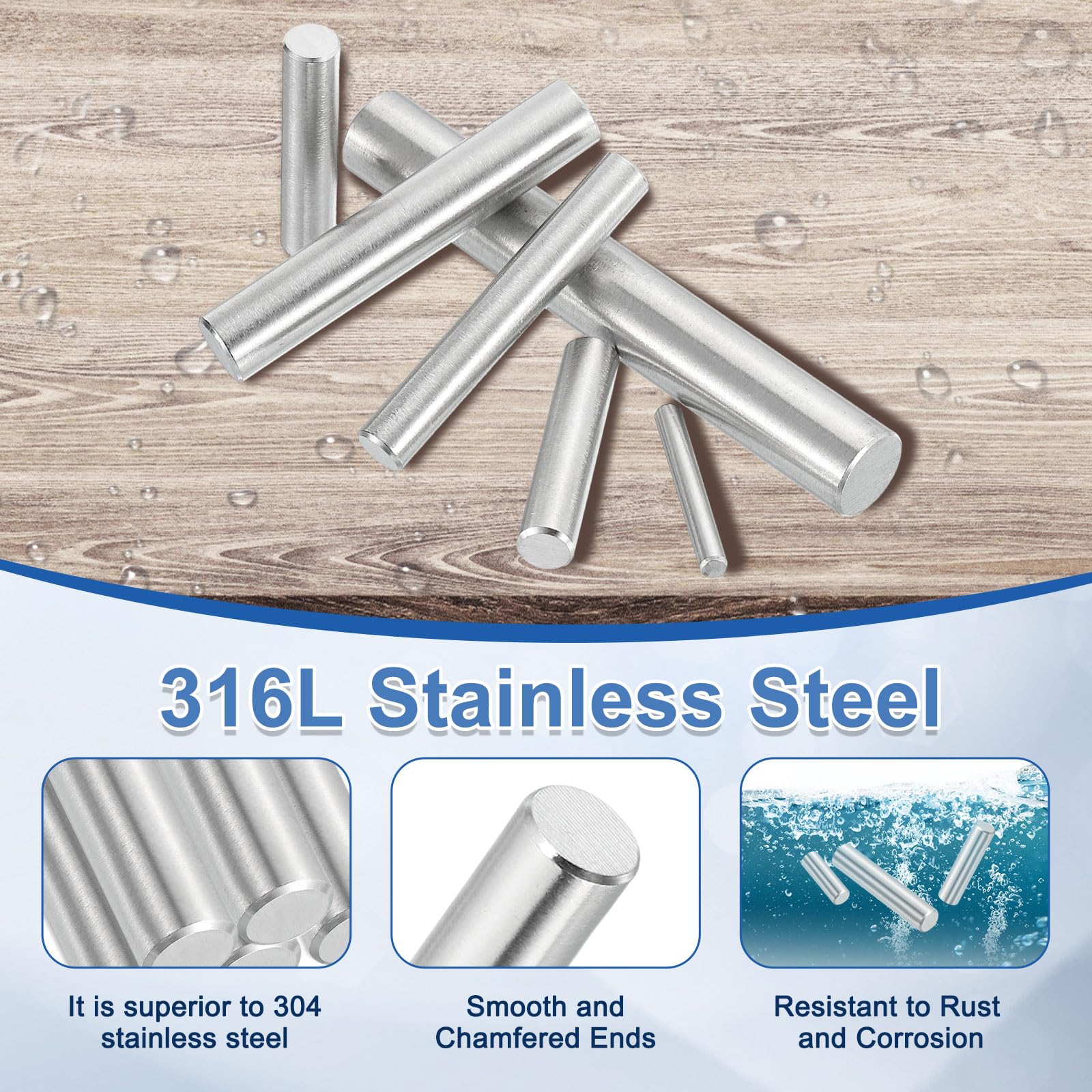 QUARKZMAN 10 Stück Zylinderstifte 8 mm x 60 mm Metallstift, 316L Edelstahl Zylindrische Dübelstifte Regalstützstift Stange Befestigungselemente Metallregalstifte Silberton