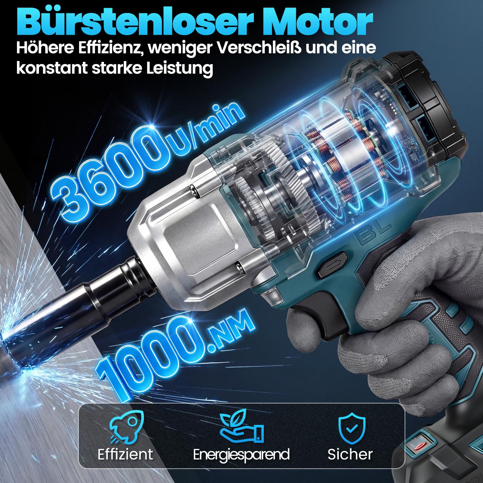 Akku Schlagschrauber Kompatibel mit Makita 18V,1000 N.m, Bürstenloser Schlagschrauber mit 3600 U/min, 2x4.0Ah Akku & Schnellladegerät,5 Schlagbuchsen für Autoreifen, Automobilmontage und Gerüstbau